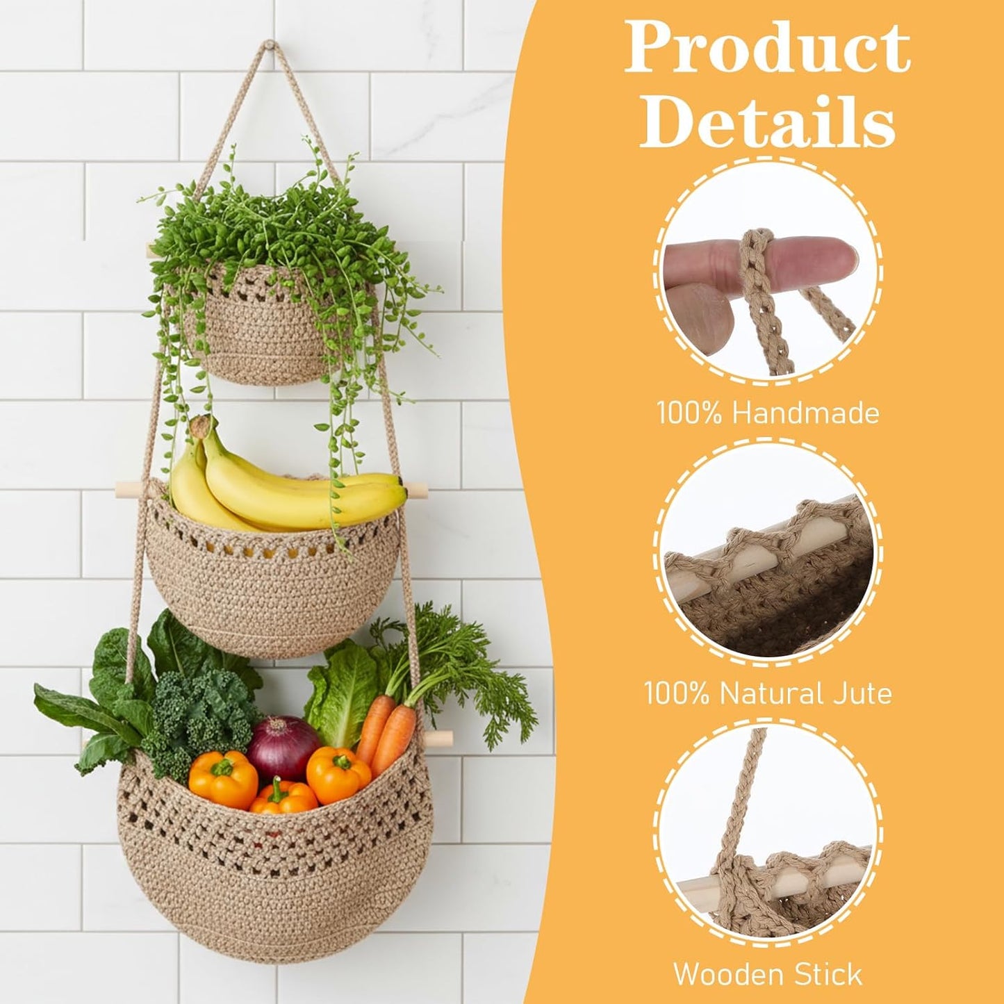 3 Tier Woven Jute Wall Basket for Organizing