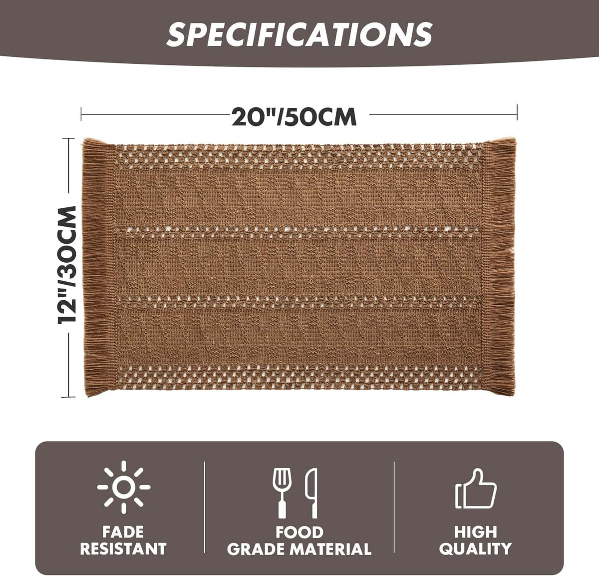 Macrame Style Boho Placemats Set of 6, Caramel 12x20 Inch | Decorative Farmhouse Table Mats, Natural Cotton Woven Place