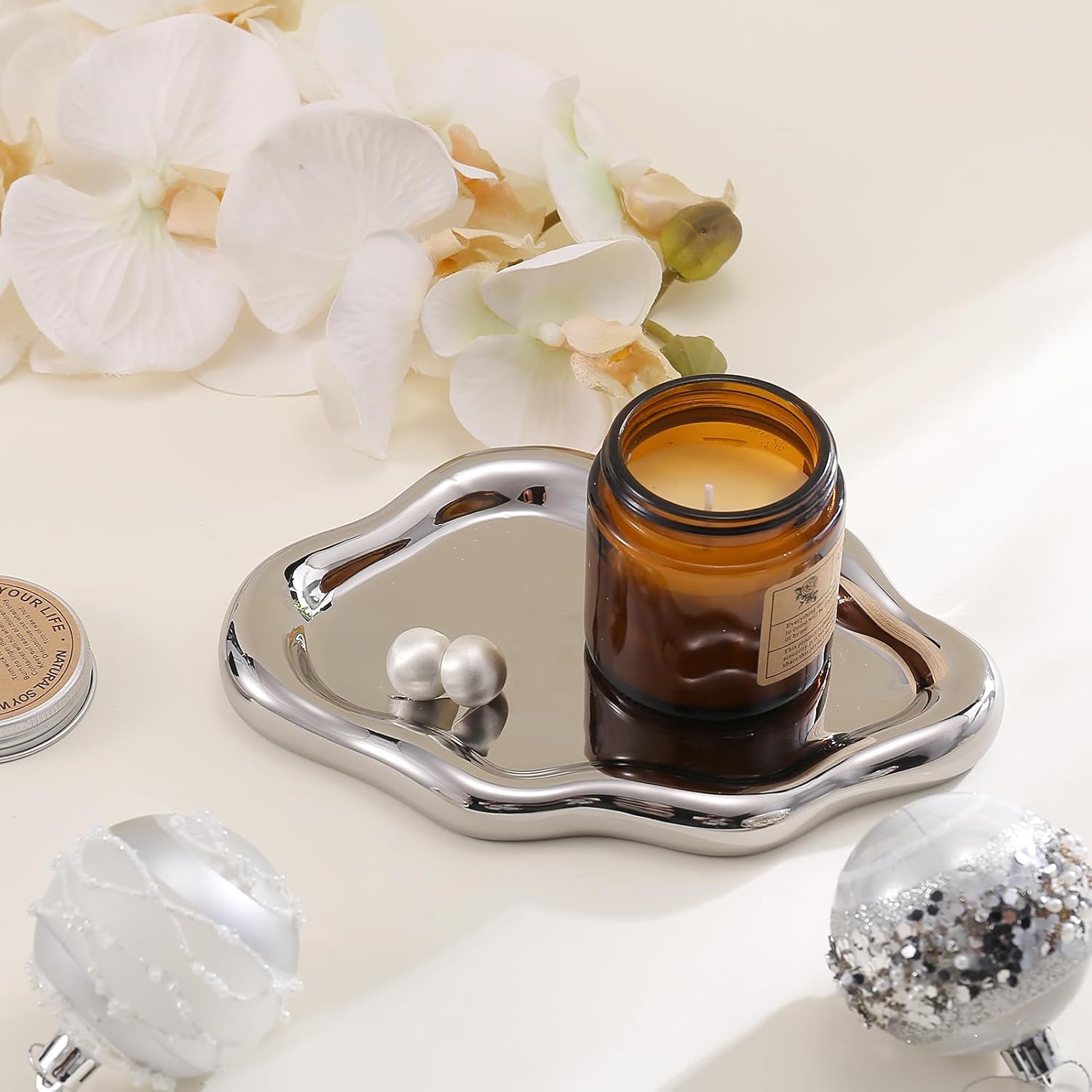 Ceramic Jewelry Tray Trinket Dish / Silver / 7.7 x 5.3 x 0.6