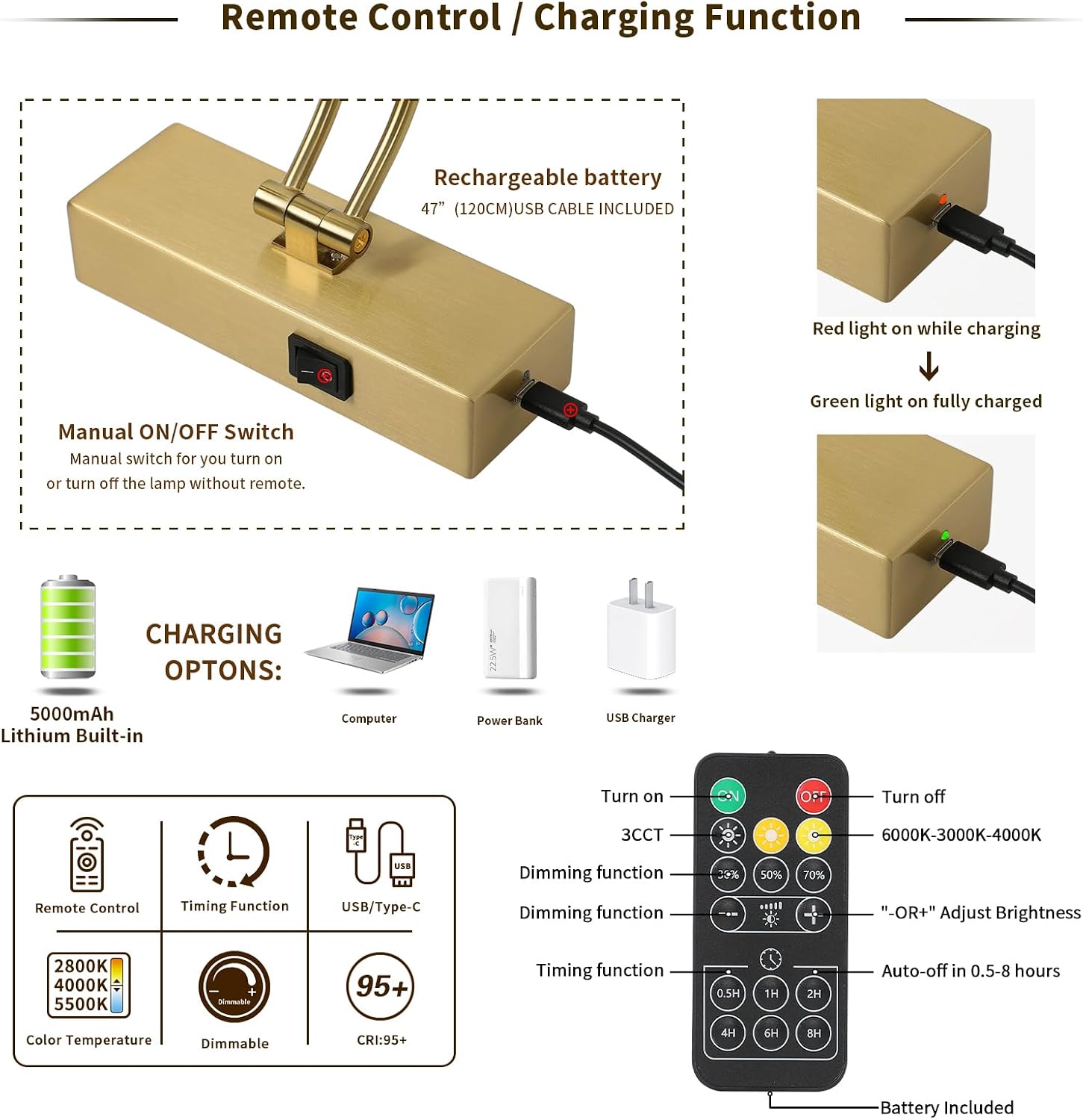 Battery Operated Picture Light with Remote,Wireless Gallery Lights Brass 12in Rechargeable Display Light with Flexible