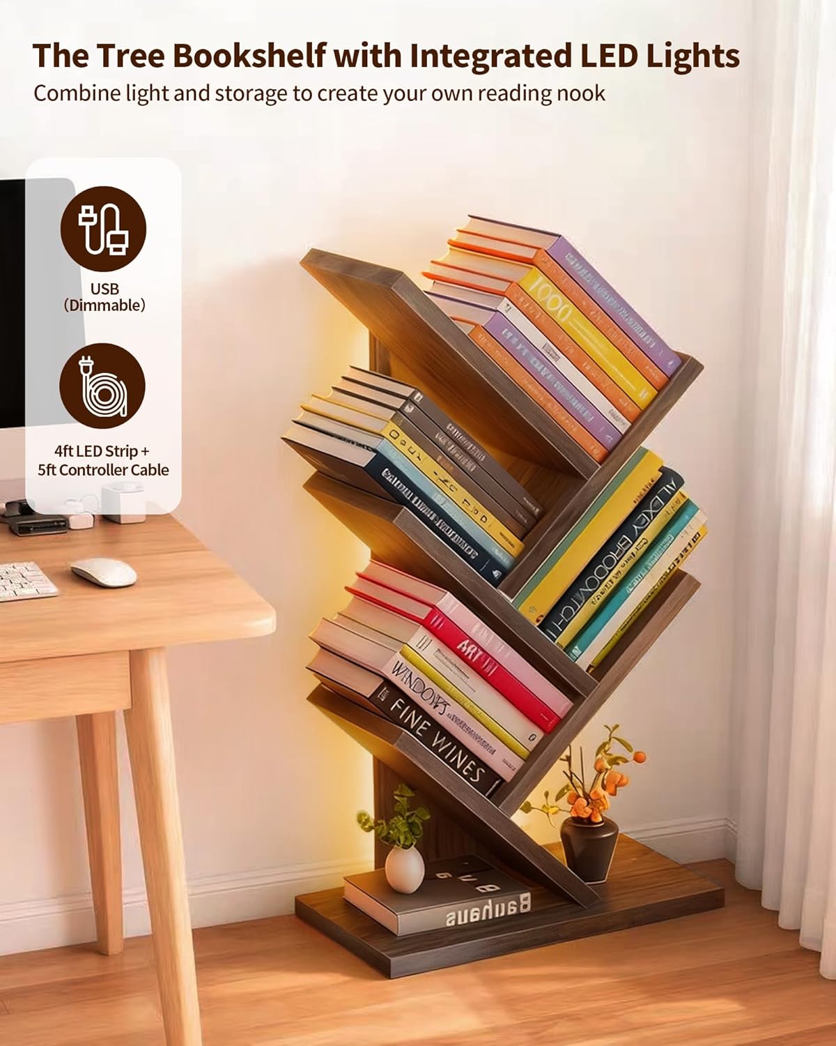 Small Bookcase LED and Desktop Book Shelf / 5tier-bookshelf with Liting Vintage