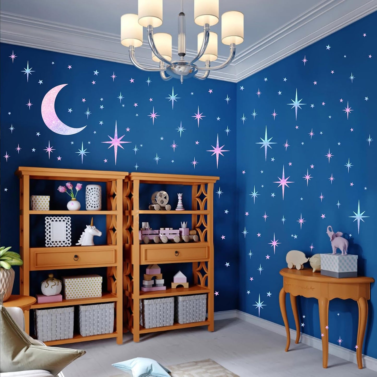 Retro Star Wall Decals Sparkle Wall Decal Peel and Stick Rainbow Star Moon Stickers / Colorful Satr