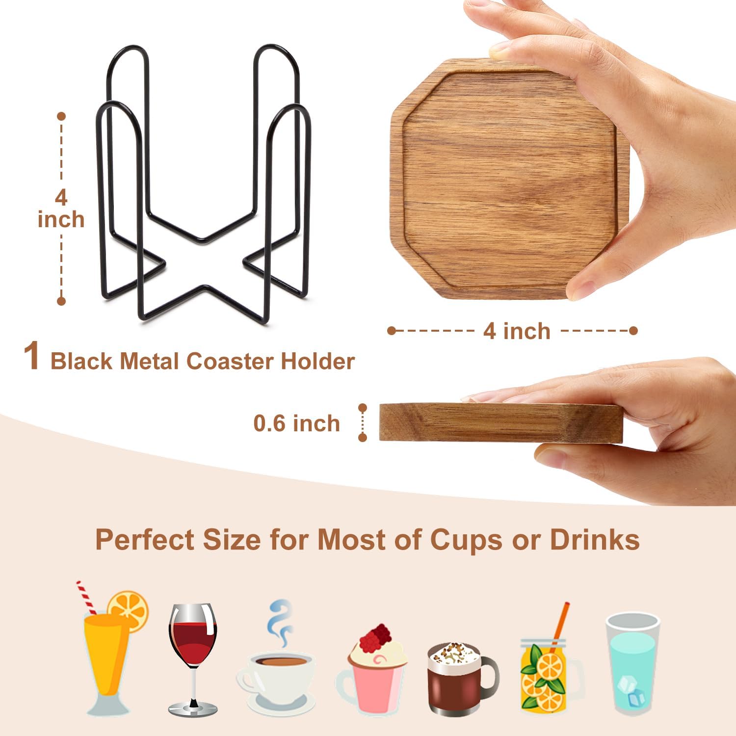Holder Acacia Wood Coasters for Coffee / Set of 6