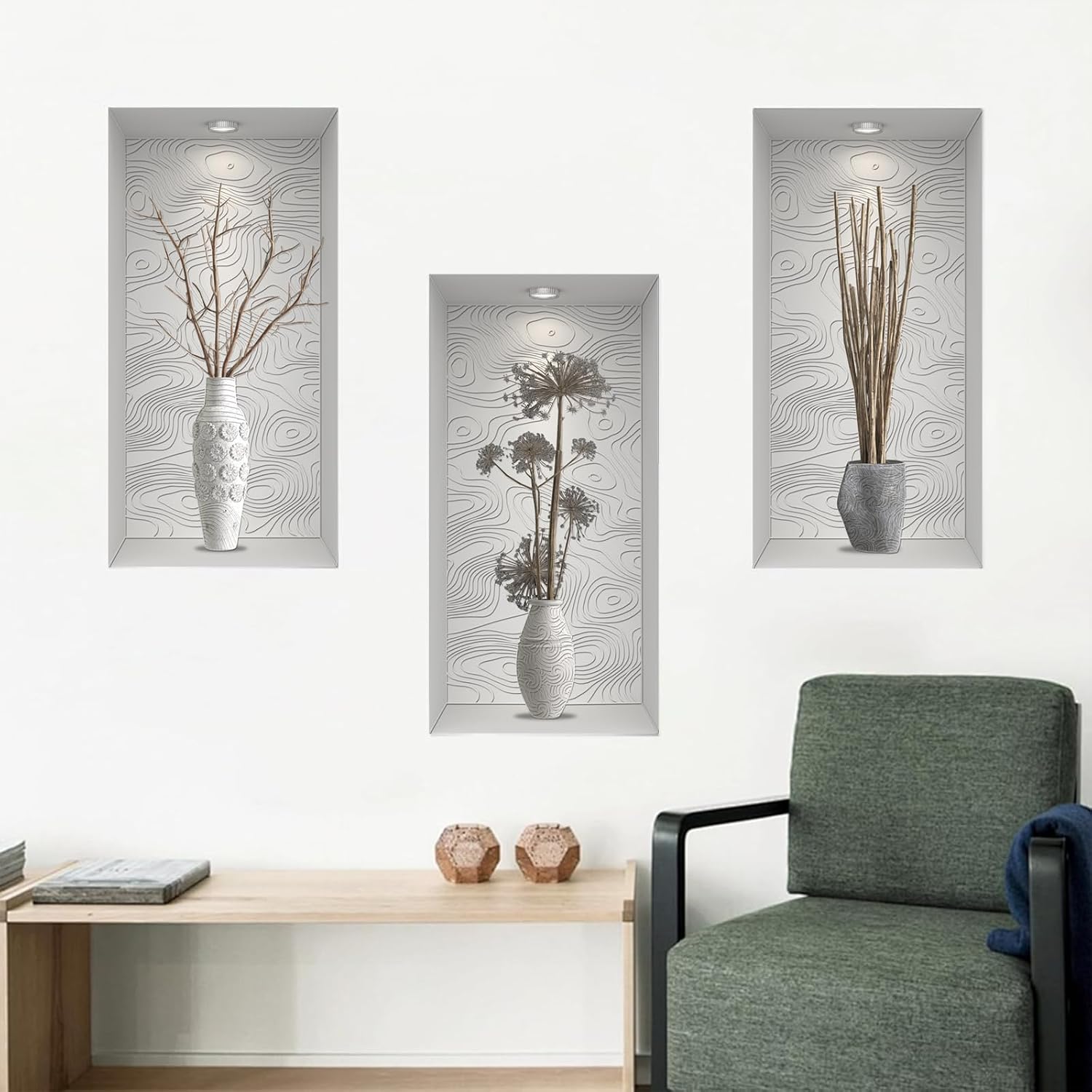 3D Vase Art Wall Stickers Self-Adhesive Potted Wall Decals / Grey Branch