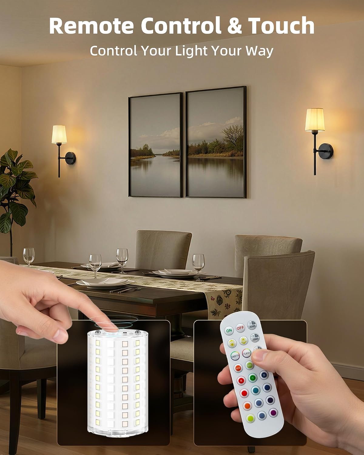Rechargeable Wall Lights Set of 2, 7500mAh, RGB, Wireless Wall Lamps with Remote, Dimmable, Magnetic Bulbs, No-Wiring