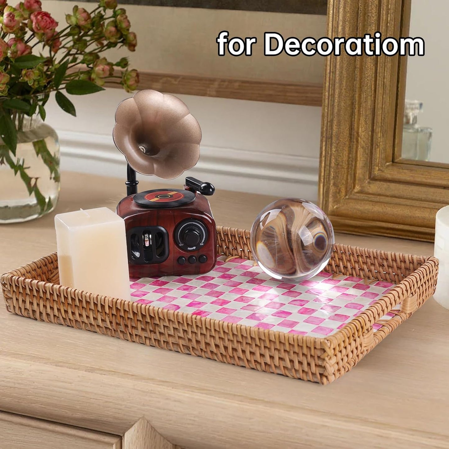 Rattan Serving Tray / Pink Checkerboard