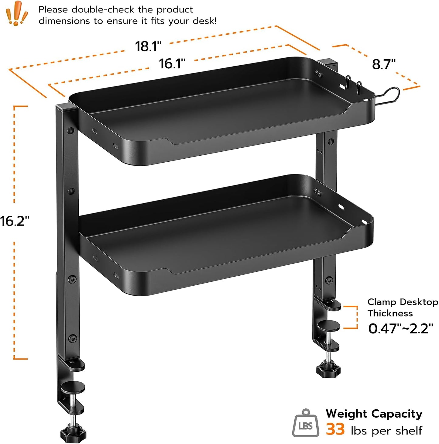 ARES WING 2-Tier 16 inch Clamp On Desk Shelf, Above or Under Desk Storage | Adjustable Desktop Organizer Shlef Holds 66
