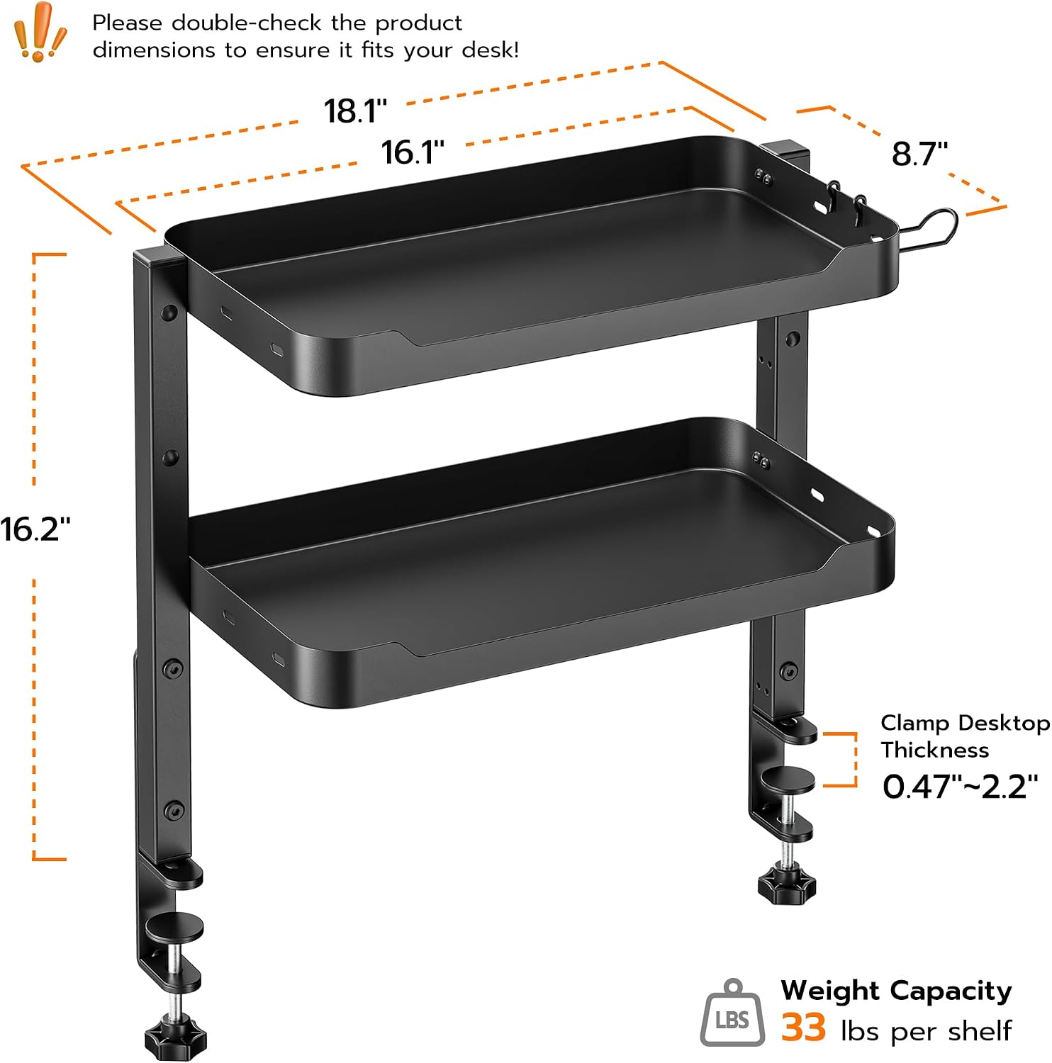 ARES WING 2-Tier 16 inch Clamp On Desk Shelf, Above or Under Desk Storage | Adjustable Desktop Organizer Shlef Holds 66