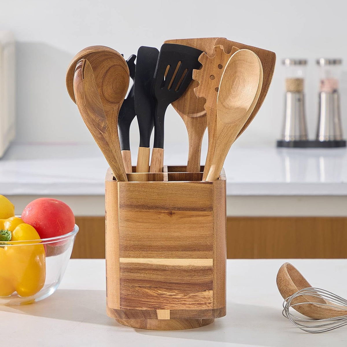 Wood Utensil Holder for Kitchen Counter, 360° Rotating Kitchen Utensil Holder, 7.2"x 6" Large Acacia Cooking Utensil