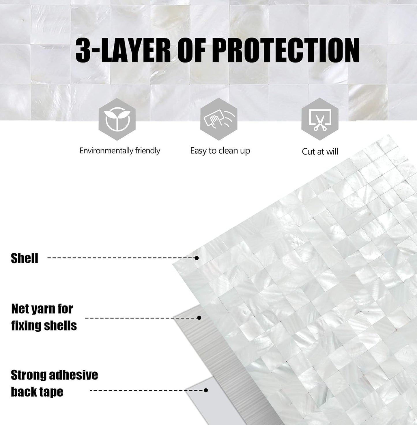 Mother of Pearl Self Adhesive Wall Tiles / White / Set of 10