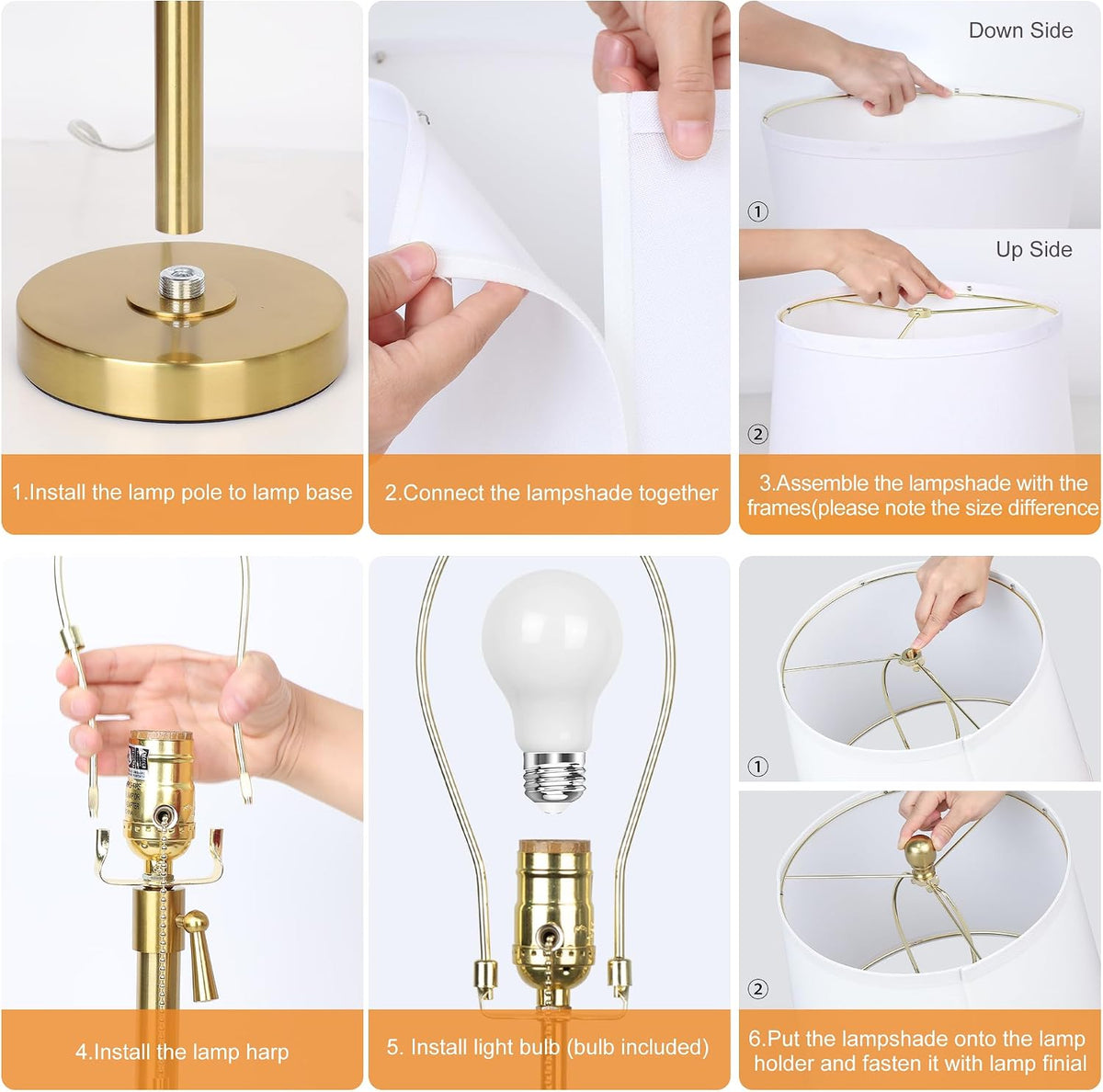 Modern Gold table Lamp 22" to 30"Adjustable Height 3 Brightness Way Brass Nightstand with White Linen Shade Pull Chain