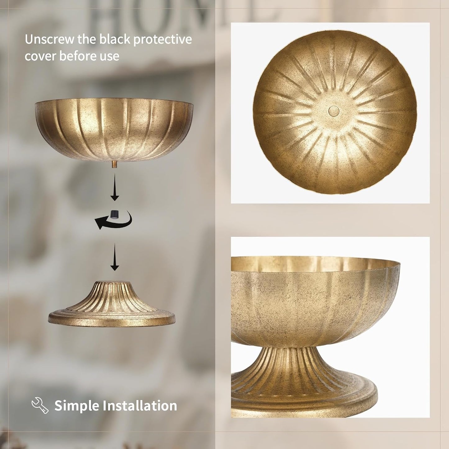 NUPTIO Gold Compote Vase for Centerpiece, 8.5" Wide Opening, 10 Pcs | Distressed Brass Urn, Short Pedestal Footed Bowl