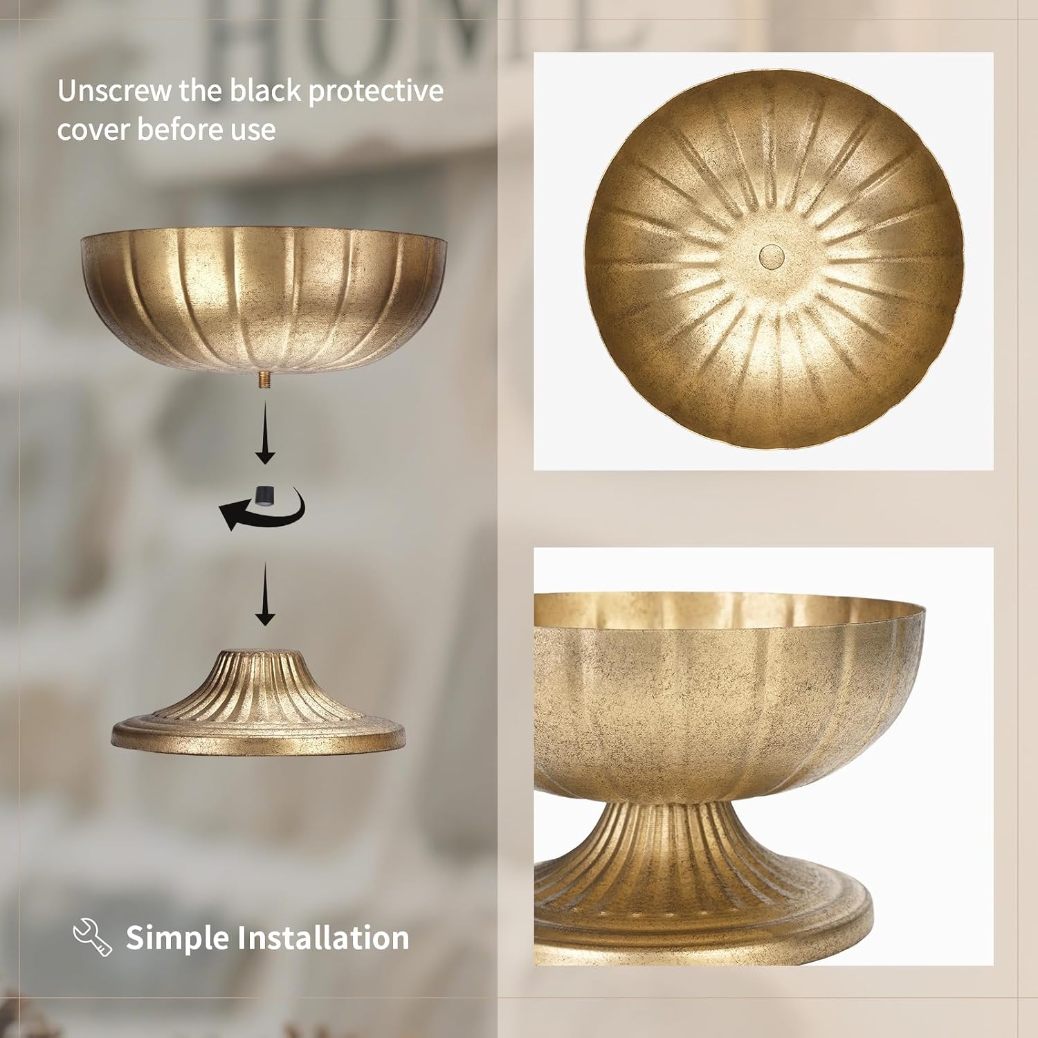 NUPTIO Gold Compote Vase for Centerpiece, 8.5" Wide Opening, 10 Pcs | Distressed Brass Urn, Short Pedestal Footed Bowl