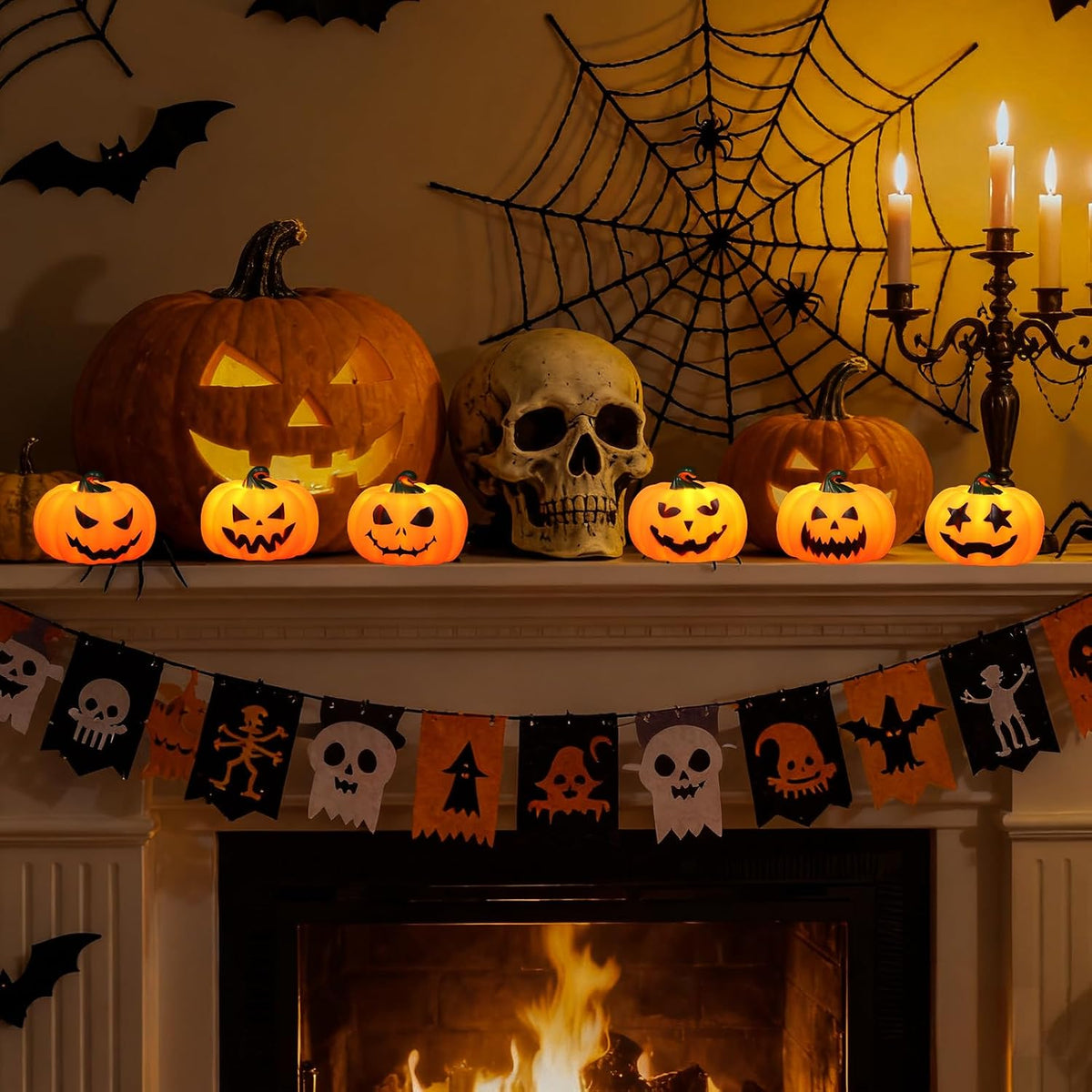 Halloween Pumpkin Flameless Votive Candles Light with Remote Timer | Battery Operated LED Tealight Candles, Spooky Face