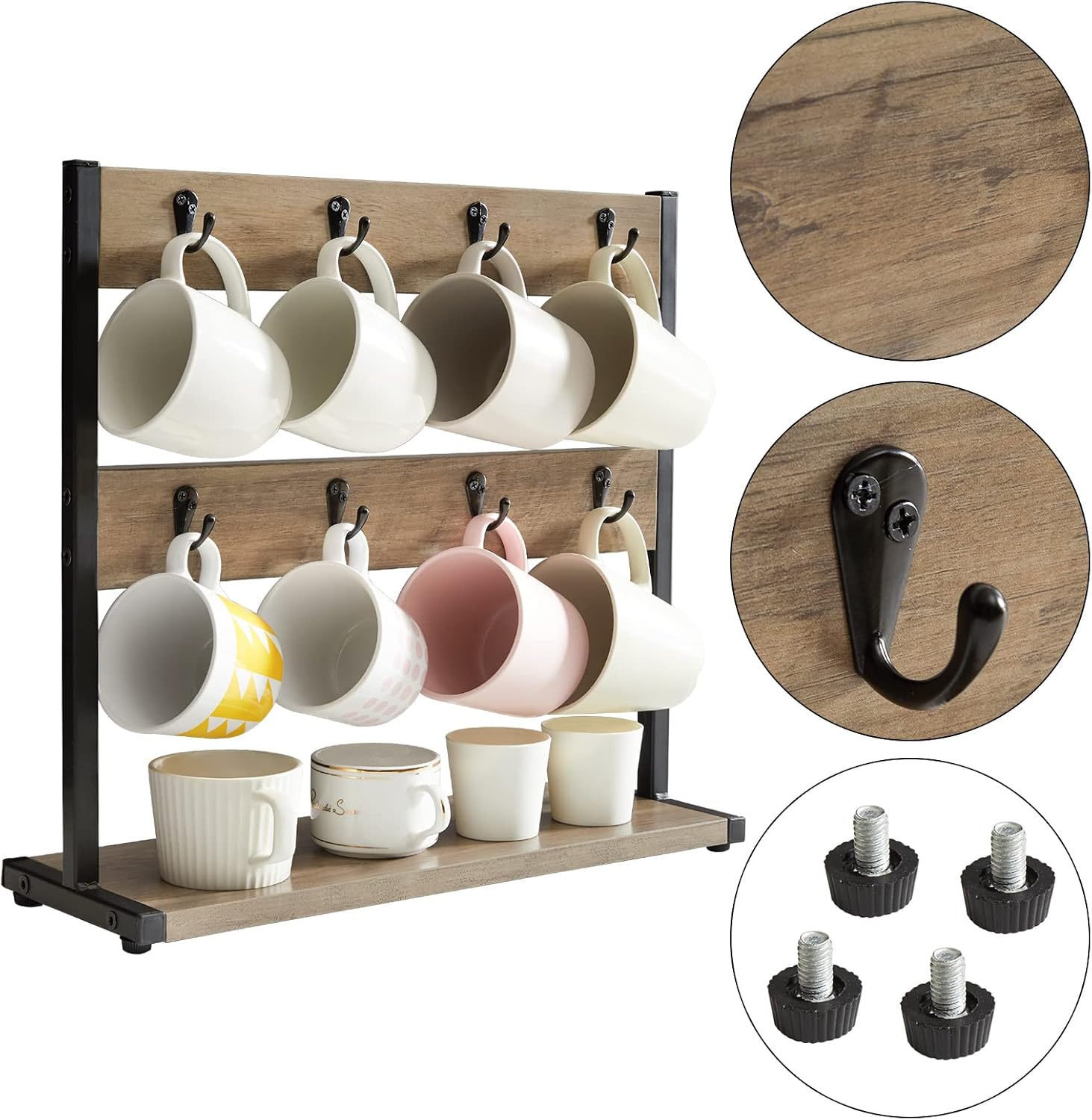 IBUYKE Coffee Mug Holder for Countertop,16 Hook Mug Tree,Greige TBJ001Y | Coffee Cup Holder Mug Display Organizer Mug