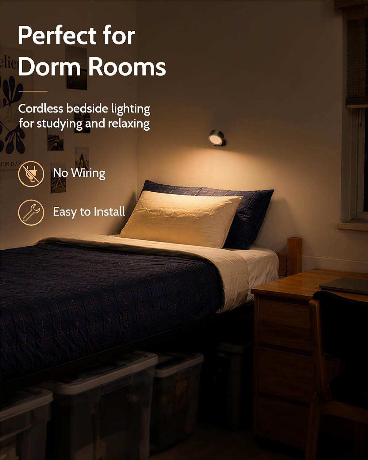 LED Wall Mounted Lights, Rechargeable Wall Sconces, 3 Color Temps, Remote & Touch, 360° Rotating and Dimmable for