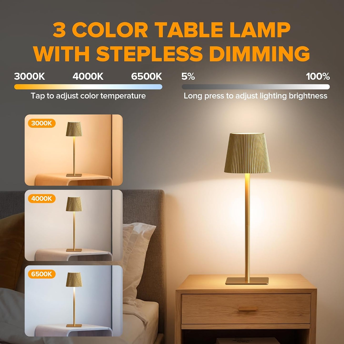 LUTEC 2 Pack Cordless Table Lamp,6000mAh Rechargeable Battery Operated Desk Lamp,Two Adjustable Heights,Waterproof