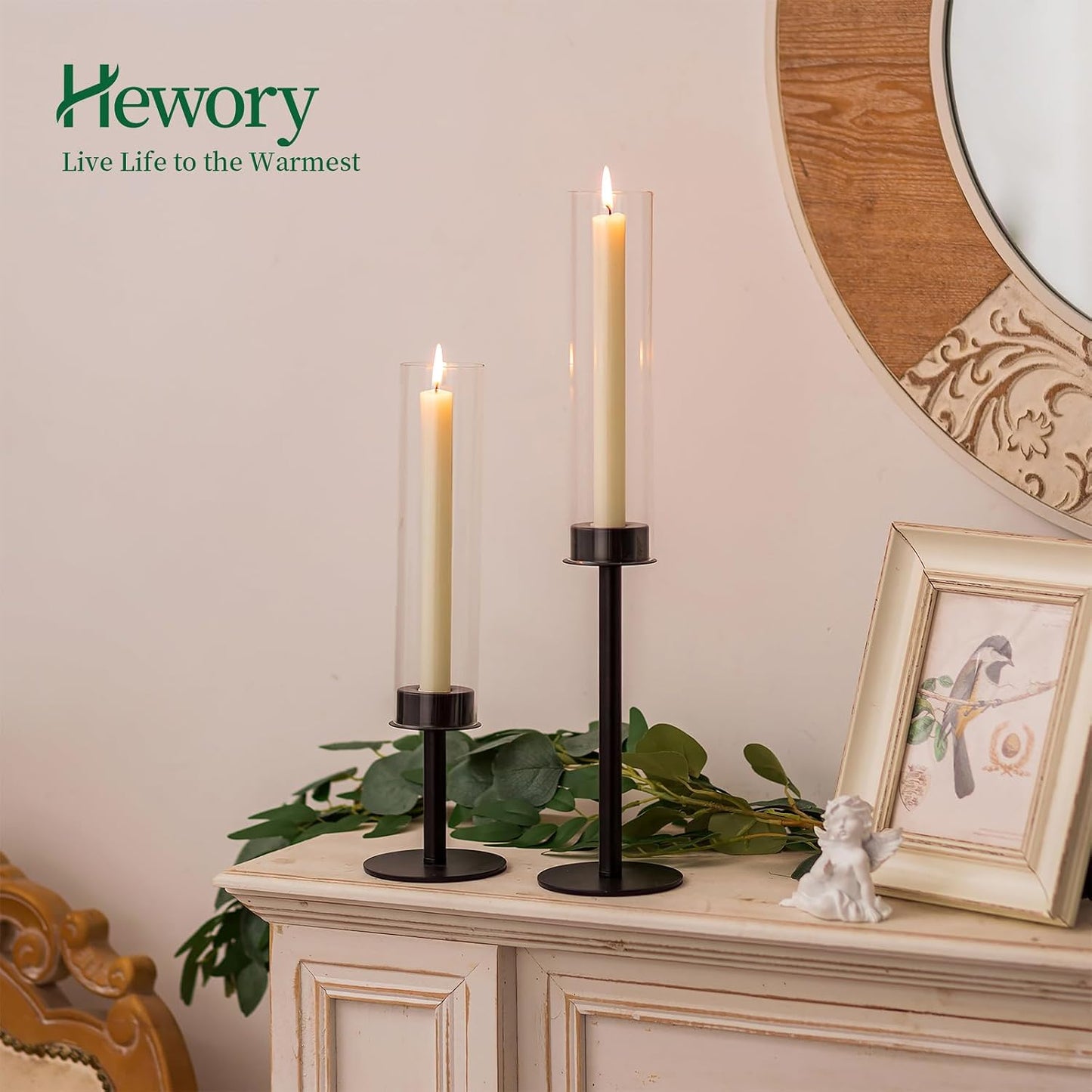 Hewory Black Candlestick Holders: 6PCS Glass Hurricane with Metal Base | Elegant Tall Taper Candle Holders at 3
