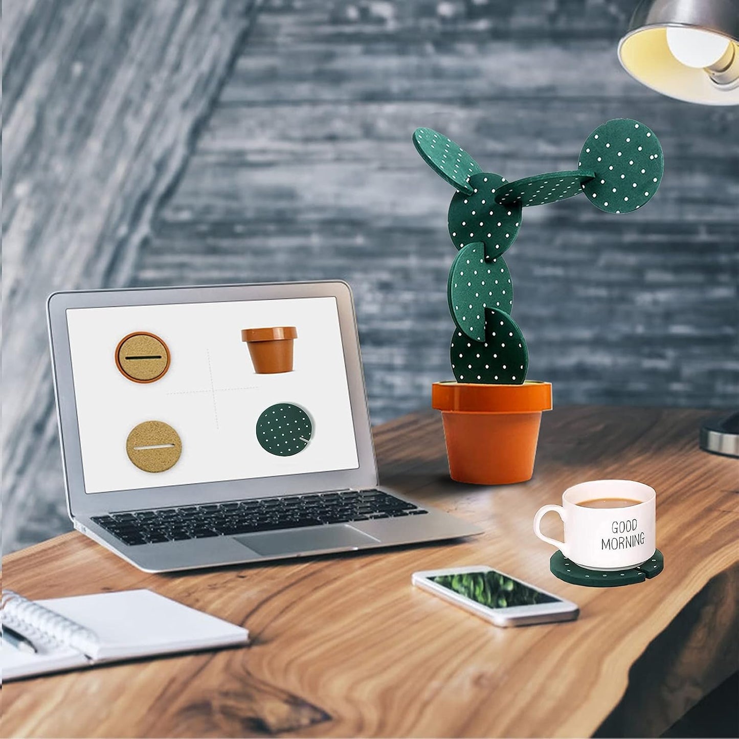 Flowerpot Holder / Cactus Coasters Set for Drinks / Green White Point / Set of 6