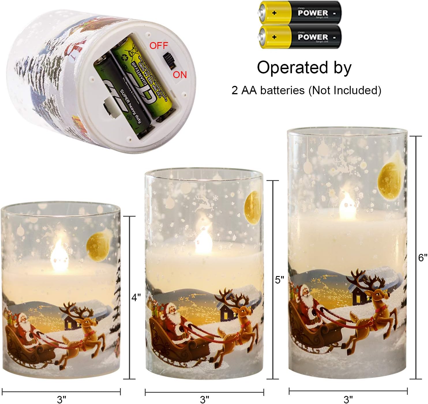Santa Claus Glass Flameless Candles Battery Operated Remote and Timer Real Wax LED Flickering Pillar Candles White Cold