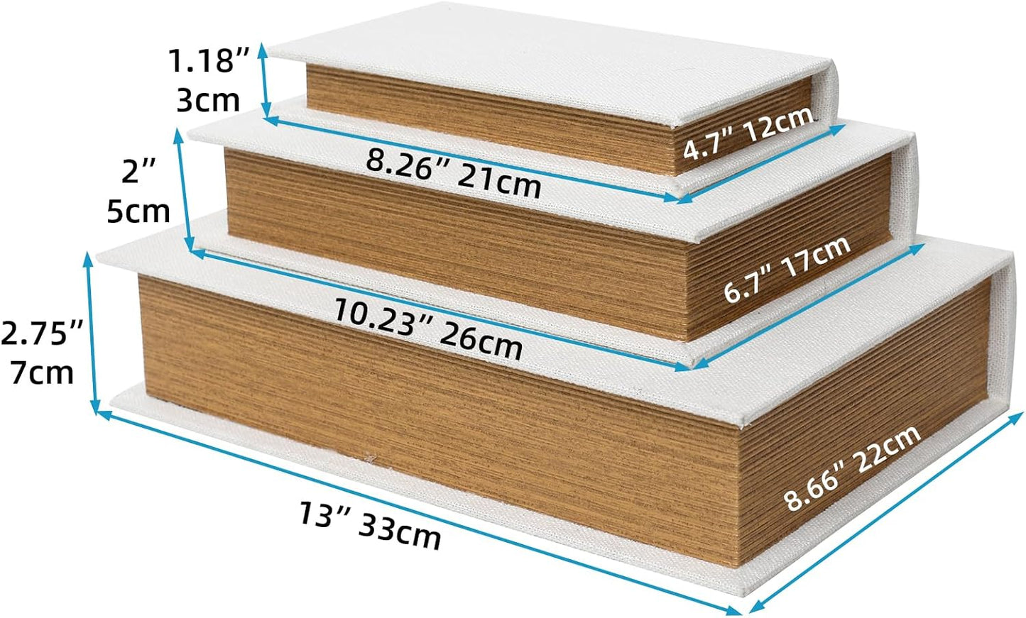 Linen Decorative Book Boxes / White / S&M&L / Set of 3
