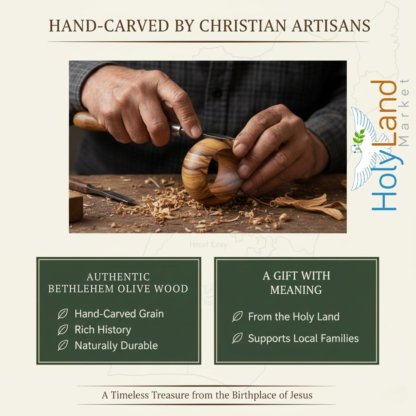 Holy Land Market Hand Carved Olive Wood Napkin Rings Set of 8 Bethlehem | 8 Rings, 1.8 Inch Diameter, 0.9 Inch Wide