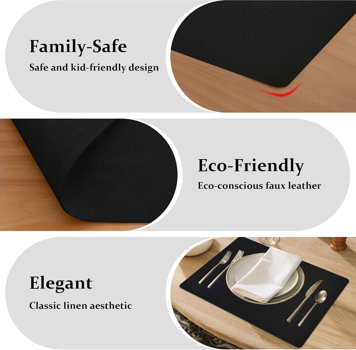 FROMHEART Faux Leather PU Placemats Set of 8 (Black,11.8" x 17") | Waterproof,Heat/Oil Stain-Resistant Table