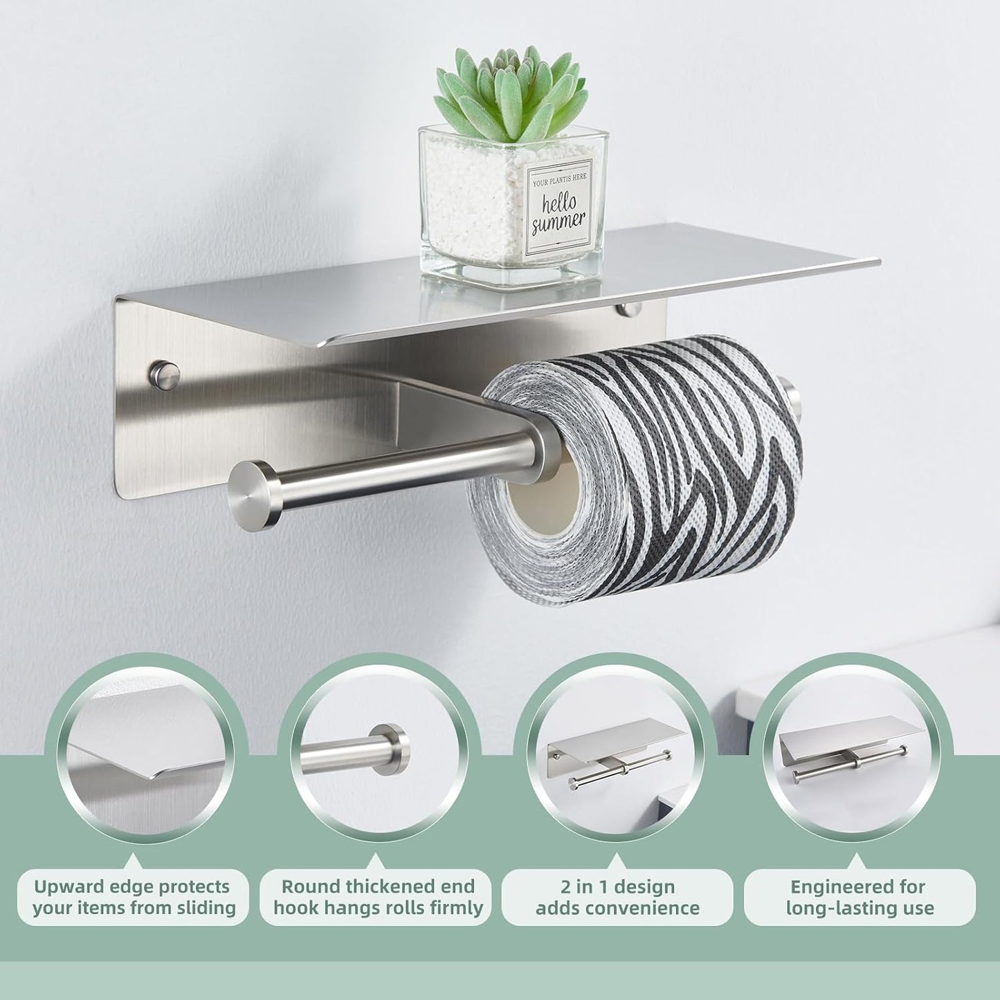 APLusee Brushed Nickel Double Toilet Paper Holder with Shelf, Wall Mounted | 304 Stainless Steel, Rust-resistant for
