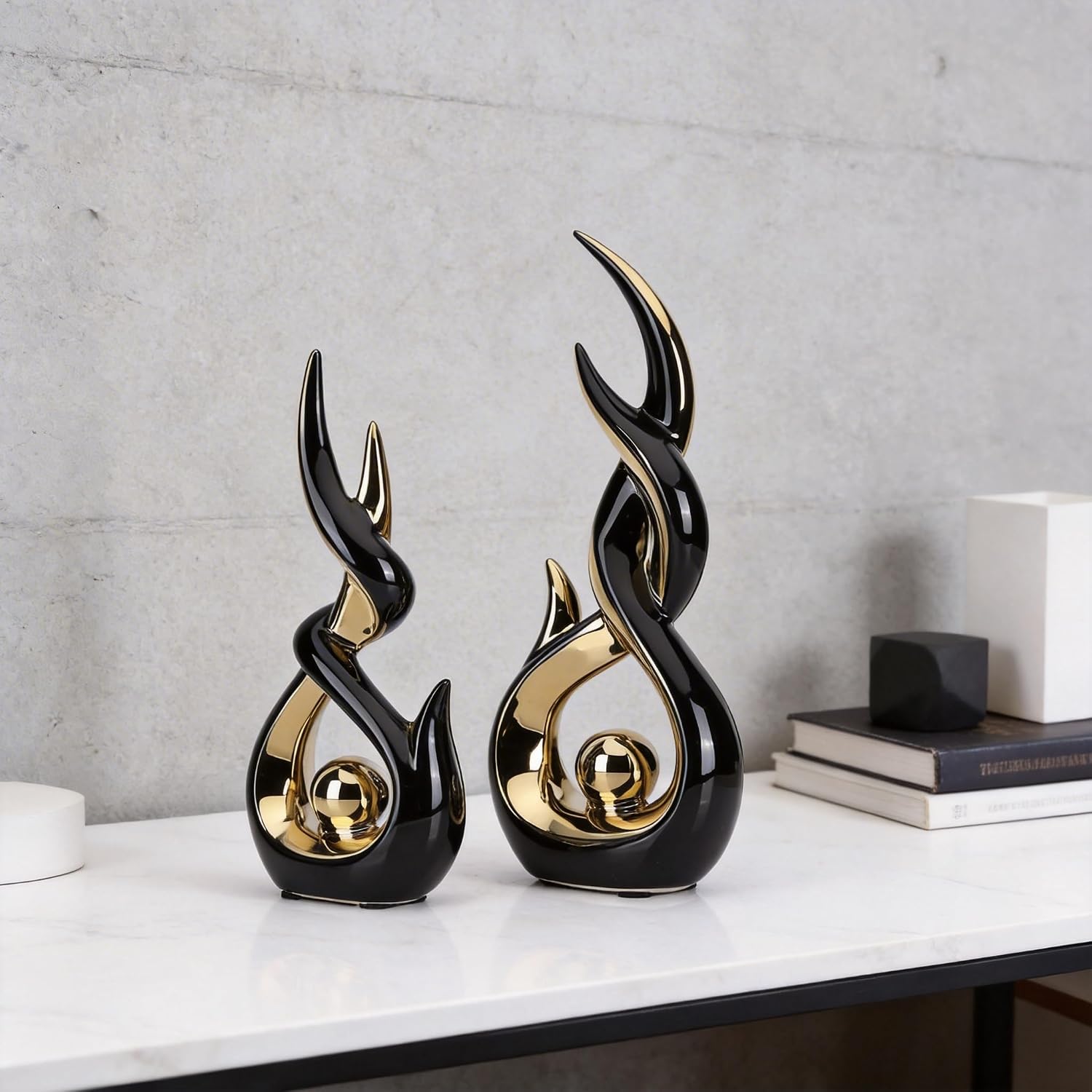 Gold Ceramic Abstract Sculpture / Bg / Black / Set of 2