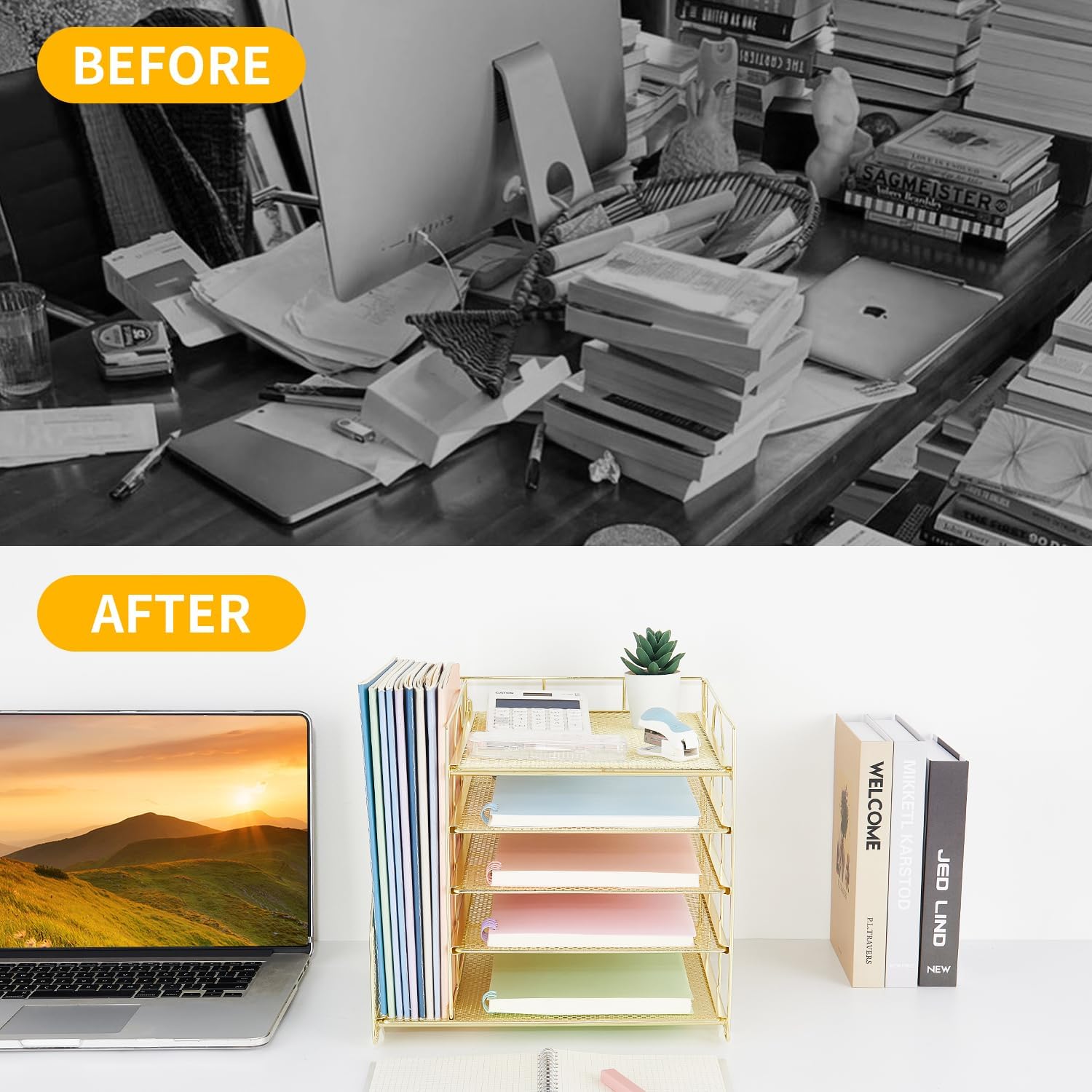 LEKETREE Desk Organizers and Accessories, 5-Tier Paper Letter Tray Organizer with File Holder, Desktop Organizer for
