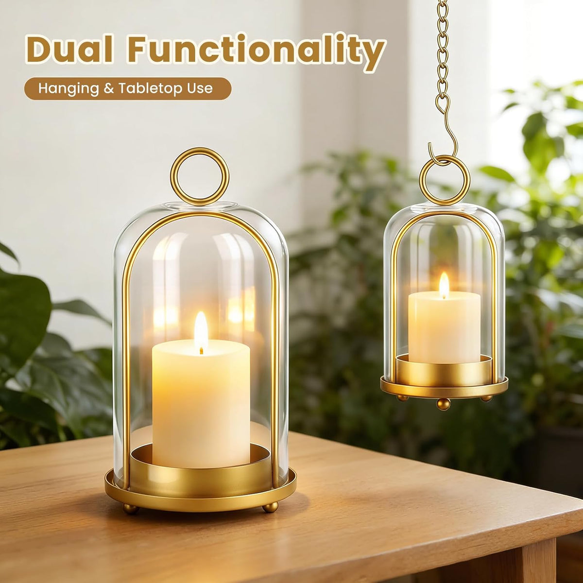 Metal Candle Holder, 5"&4" Wide Hurricane Glass Candle Holders with Handmade Glass Dome, Hanging Brass Candle Lantern