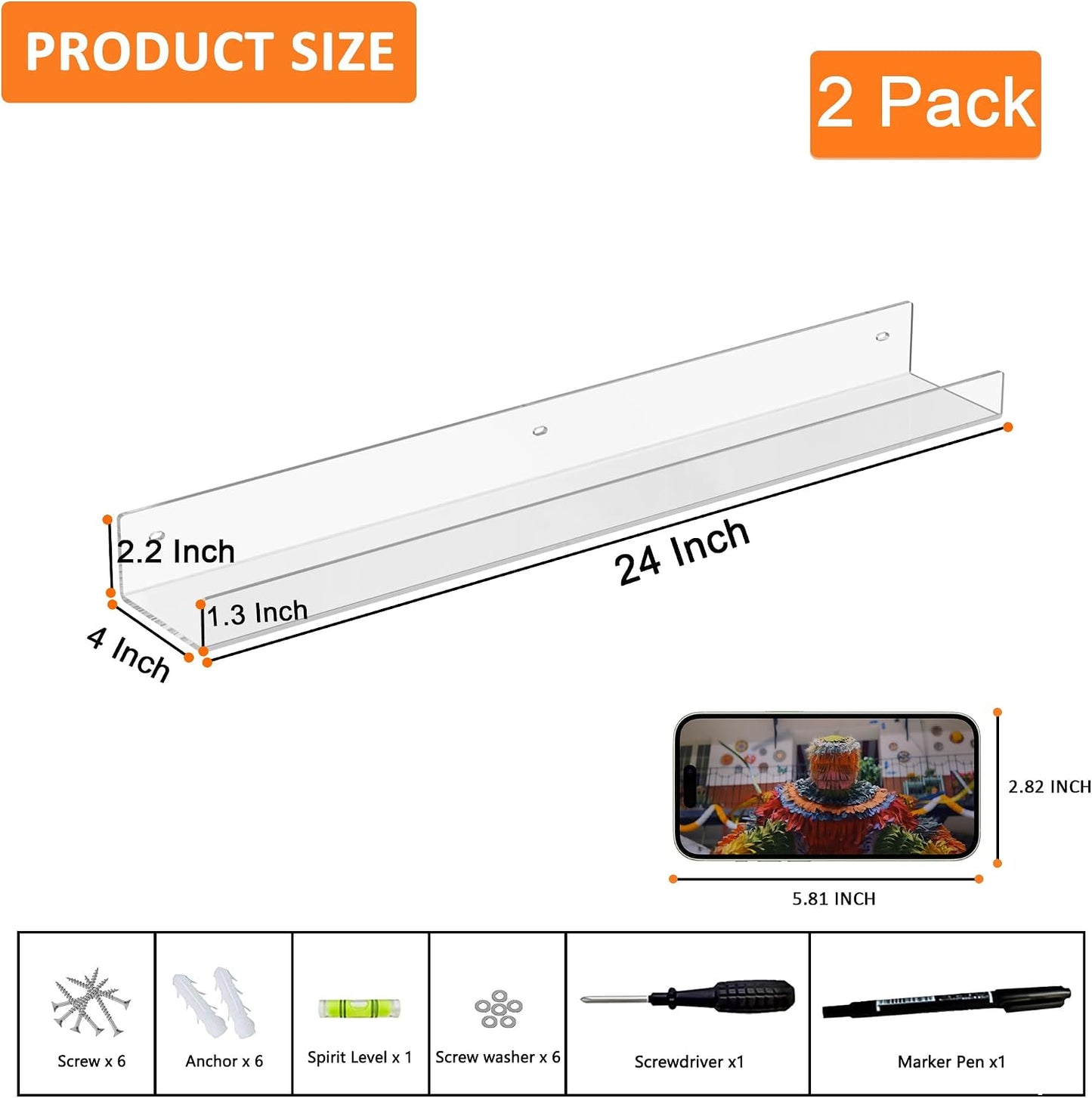 24'' Clear Acrylic Wall Long Shelf 2 Pack, Acrylic Floating Book Shelves, Wall Mounting Invisible Ledge Book Shelf