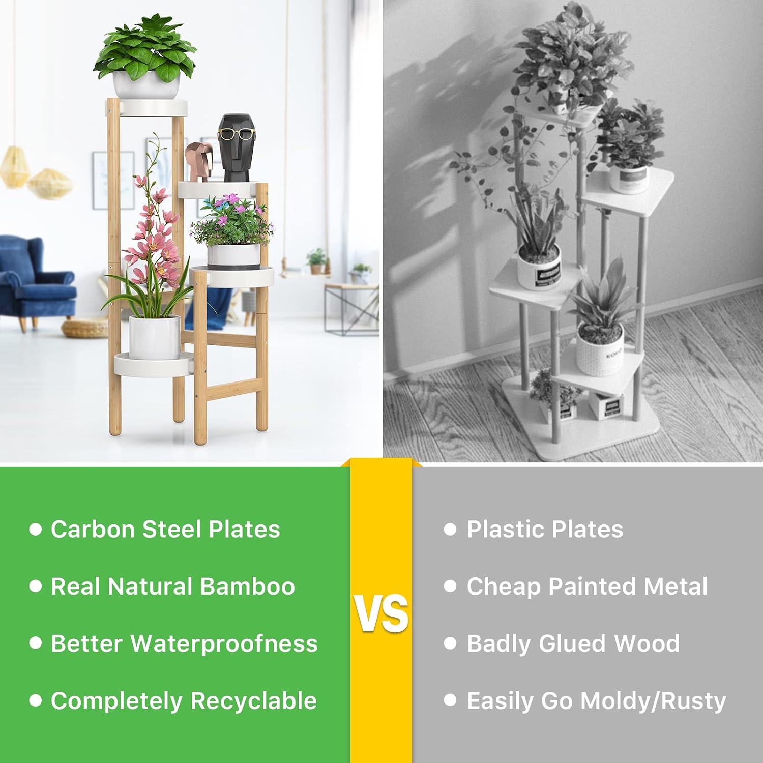 Wisuce Bamboo Plant Stand Indoor, 4 Tier Tall Corner Plant Shelf Table | Easy-Clean Steel Top | Smooth Bamboo | Narrow