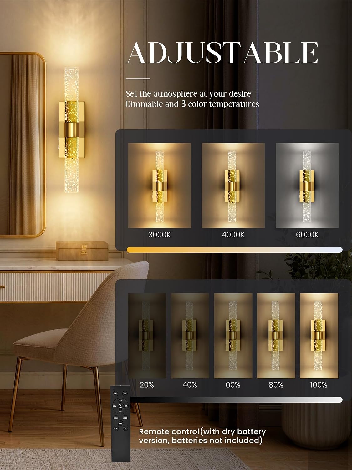 10000mAh Battery Operated Wall Sconces Set of 2, Gold, 15.3 Inch | 3CCT, Renter Friendly, Rechargeable Wall lights