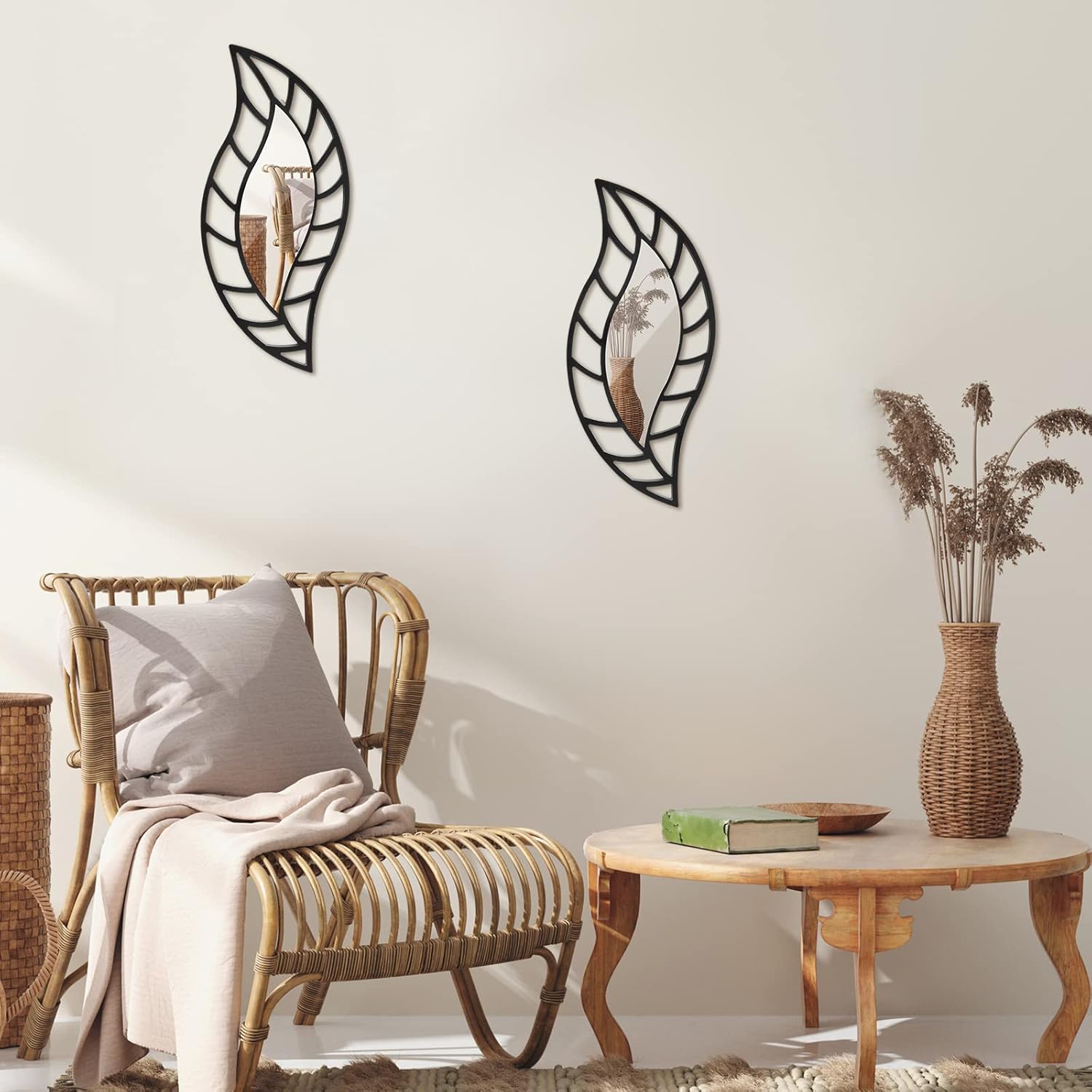 Decorative Mirror Wall Decor Leaf Teardrop Mirror Wall Mounted Decorations / Black / Set of 2