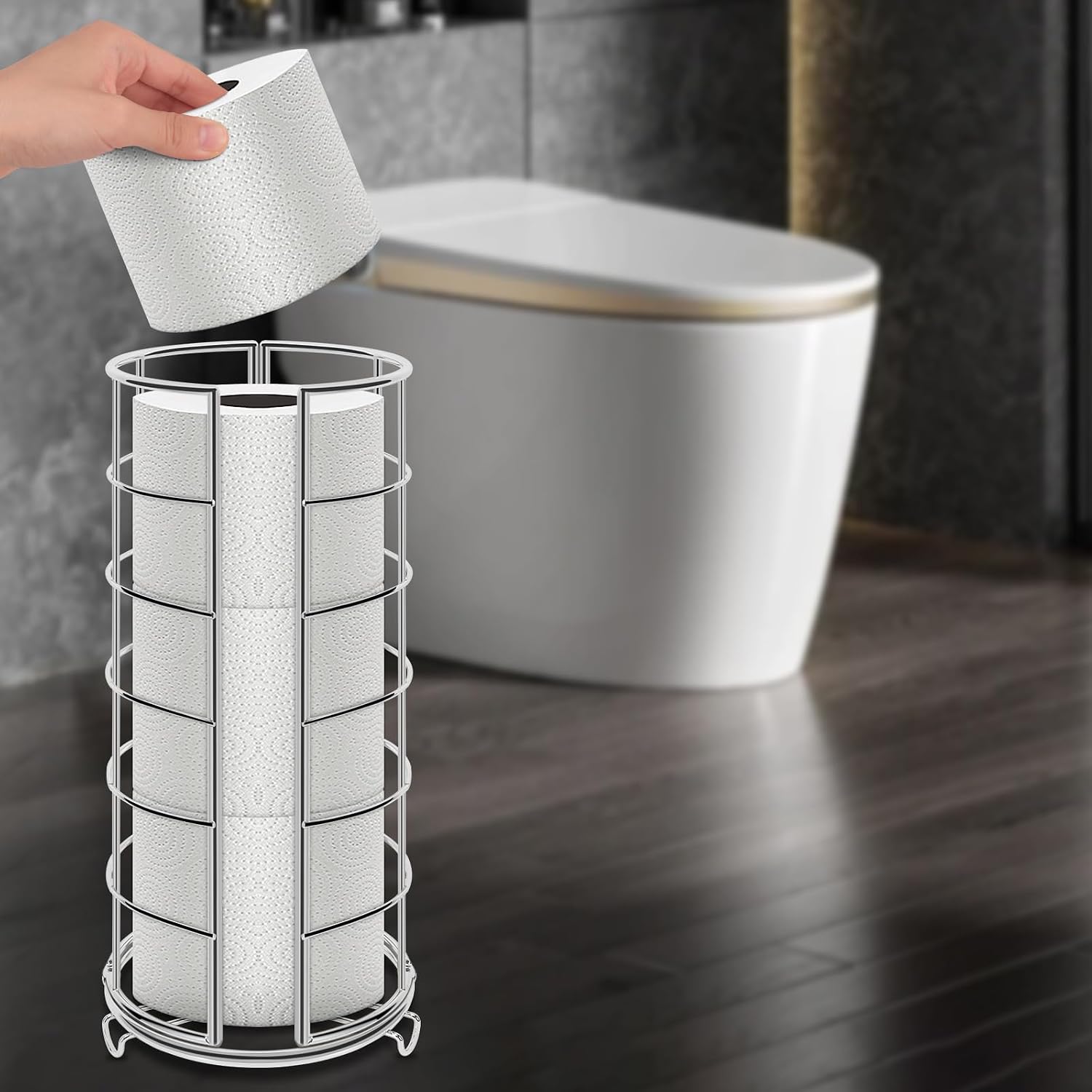 NearMoon Toilet Paper Organizer Stand, Free Standing 3 Rolls Tissue Storage, Metal Bathroom Accessory, Rustproof Toilet