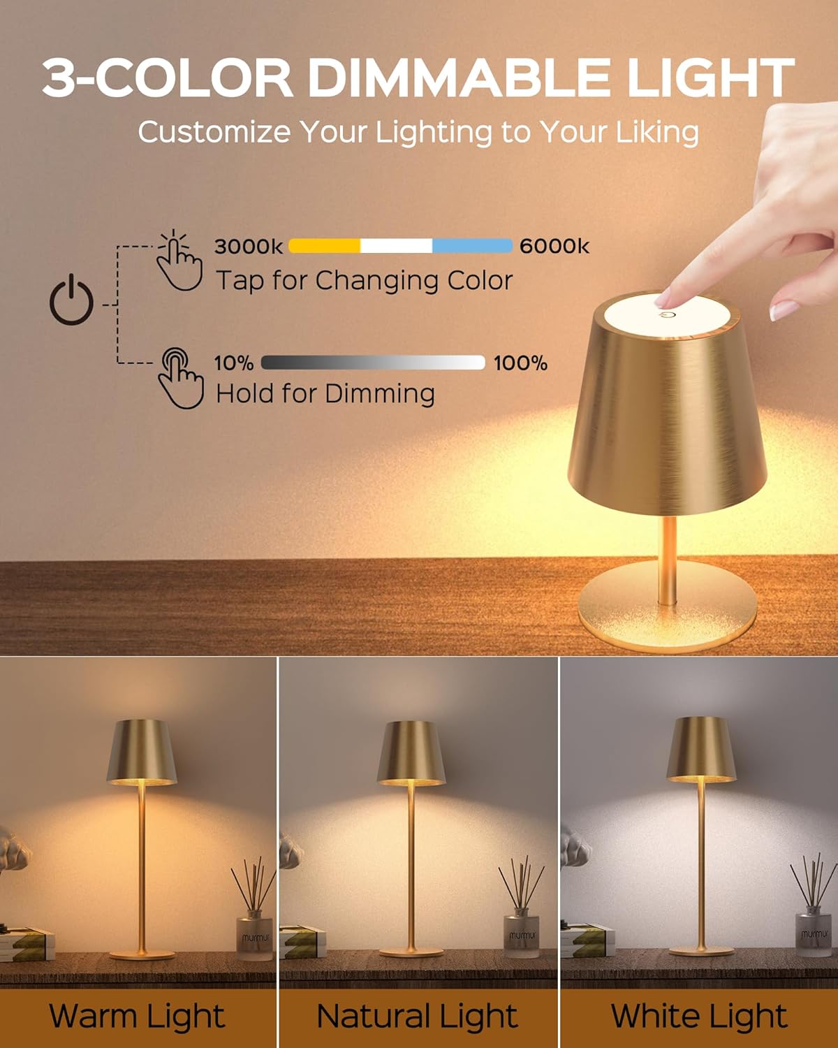 JACKYLED Cordless Table Lamps Rechargeable, 3 Adjustable Height, 5000 Capactiy Operated, 3 Colors Smooth Dimming