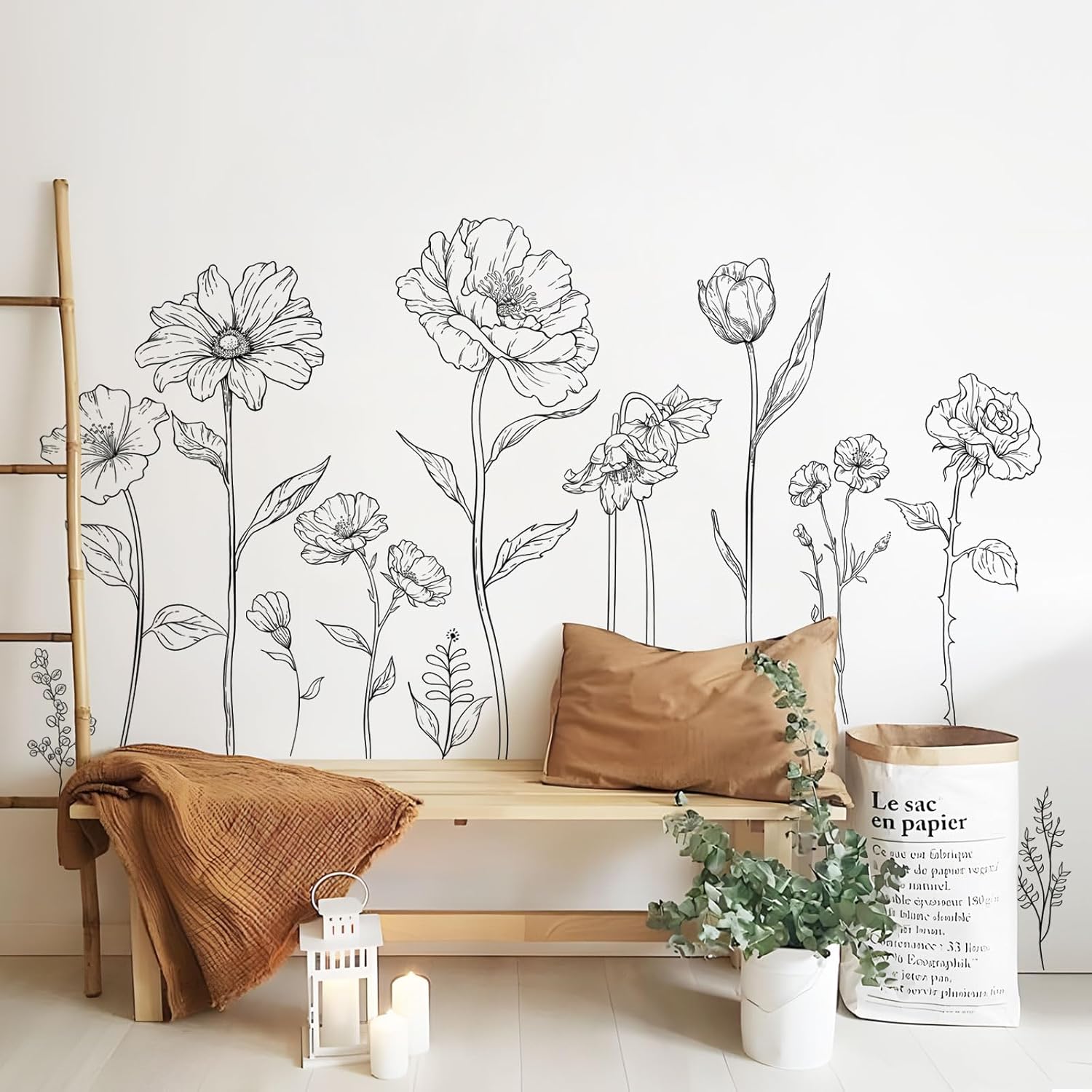Large Boho Flower Wall Decals / Large Peony Flower Set / Black