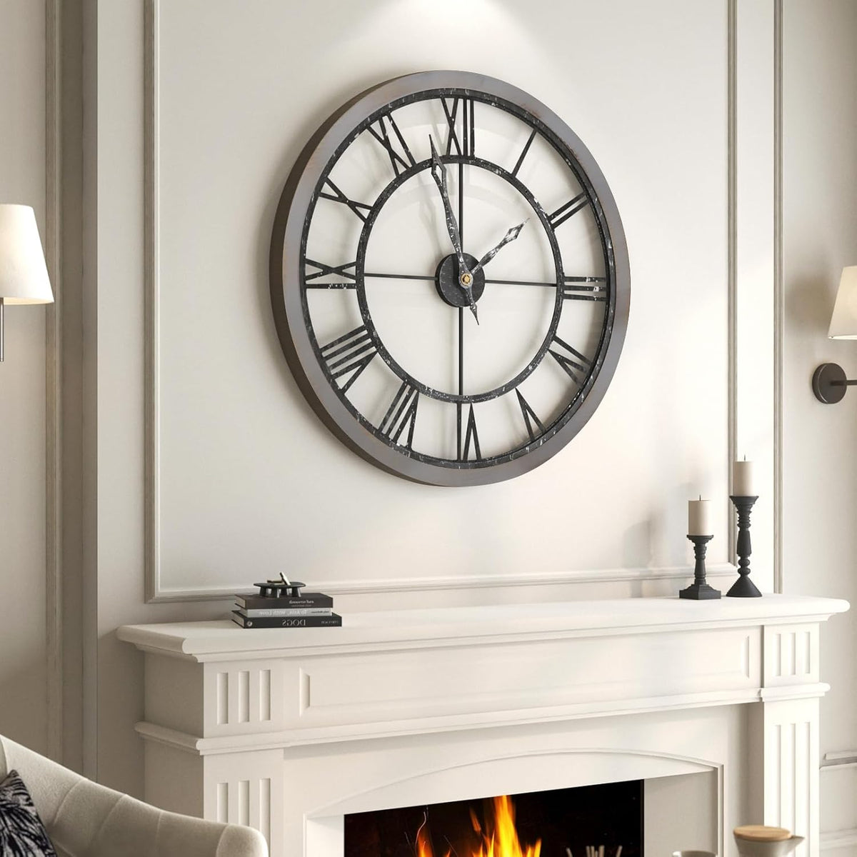 Cuspin 30 Inch Large Wall Clock Rustic Industrial Wood Frame Roman Numeral | Battery operated, Silent non ticking
