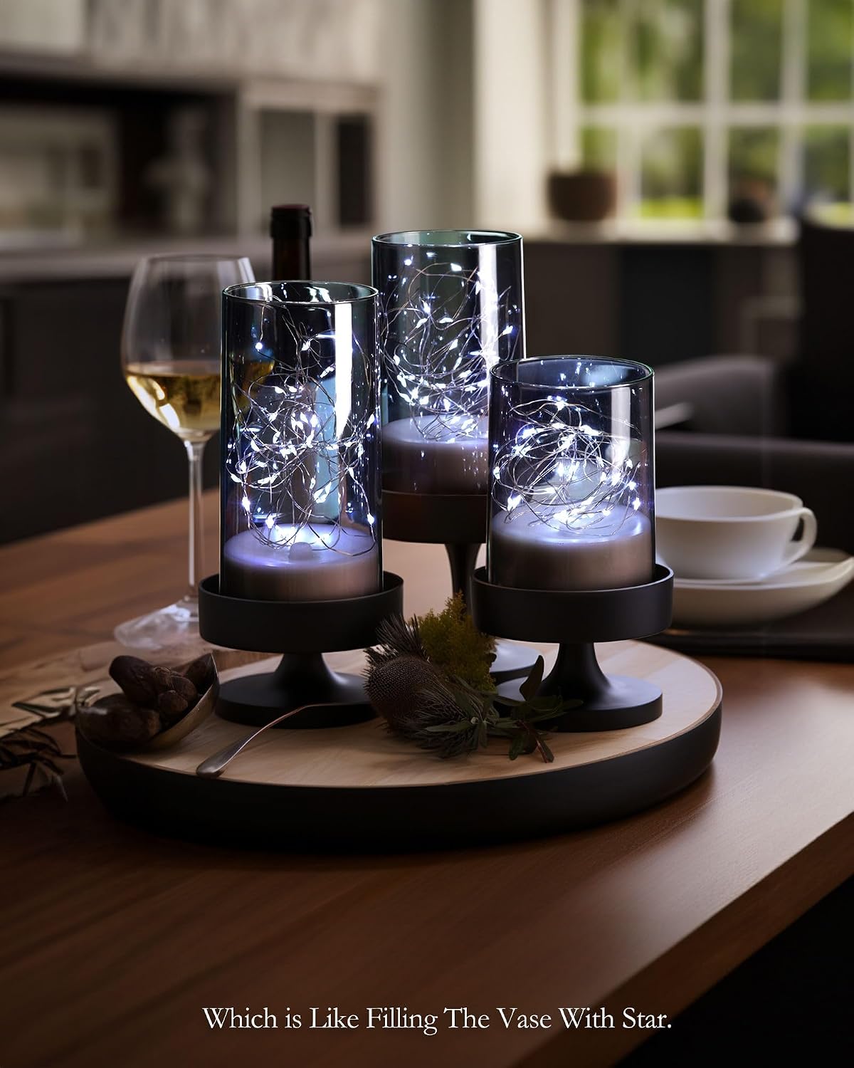Homemory Flickering Flameless Candles with Remote, Embedded String Lights in Acylinder Vase, Battery Operated Fake