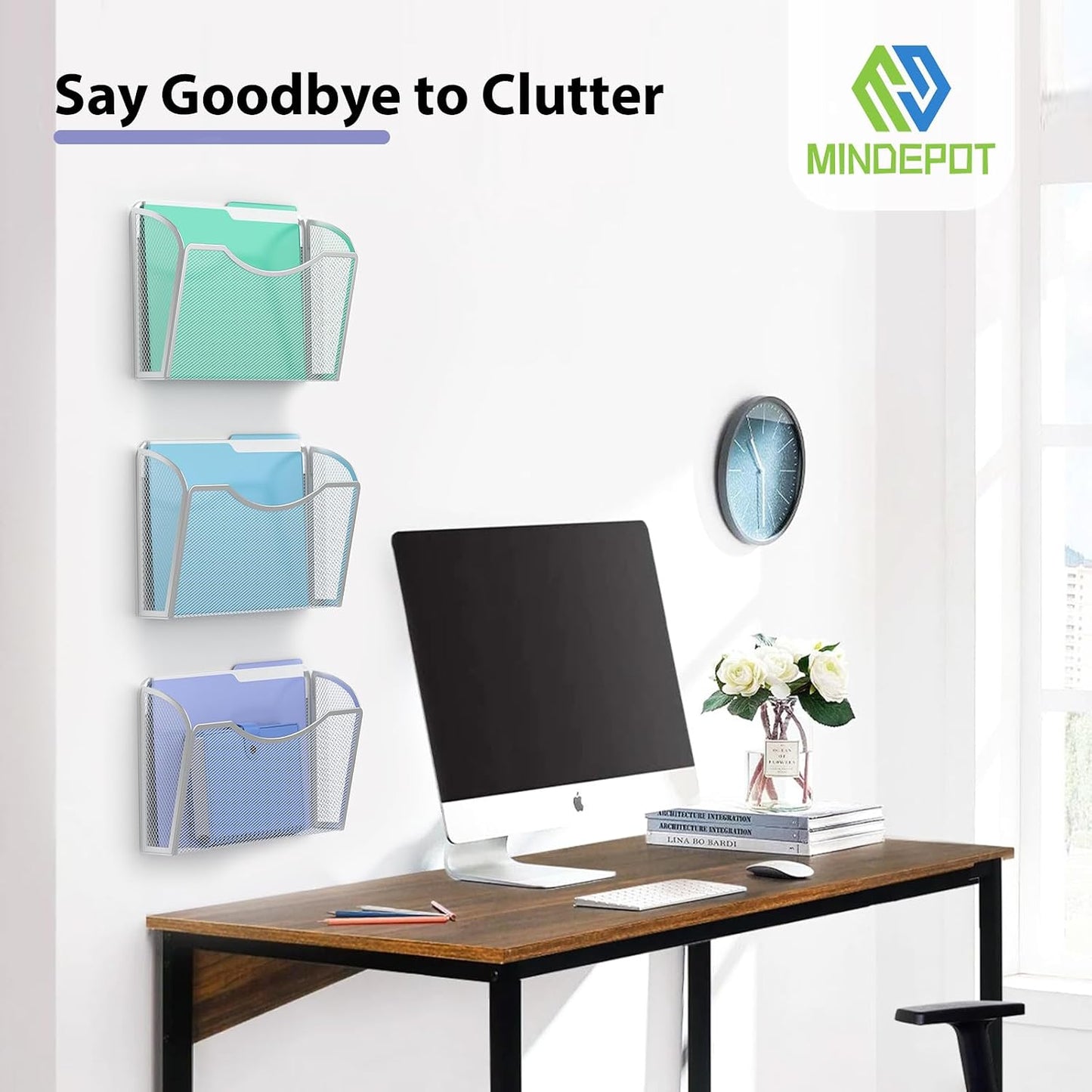MINDEPOT Wall File Organizer, Hanging Wall File Holder, 6 Pack, Silver | Heavy Duty Iron, Metal Mesh Wall Mount, Single
