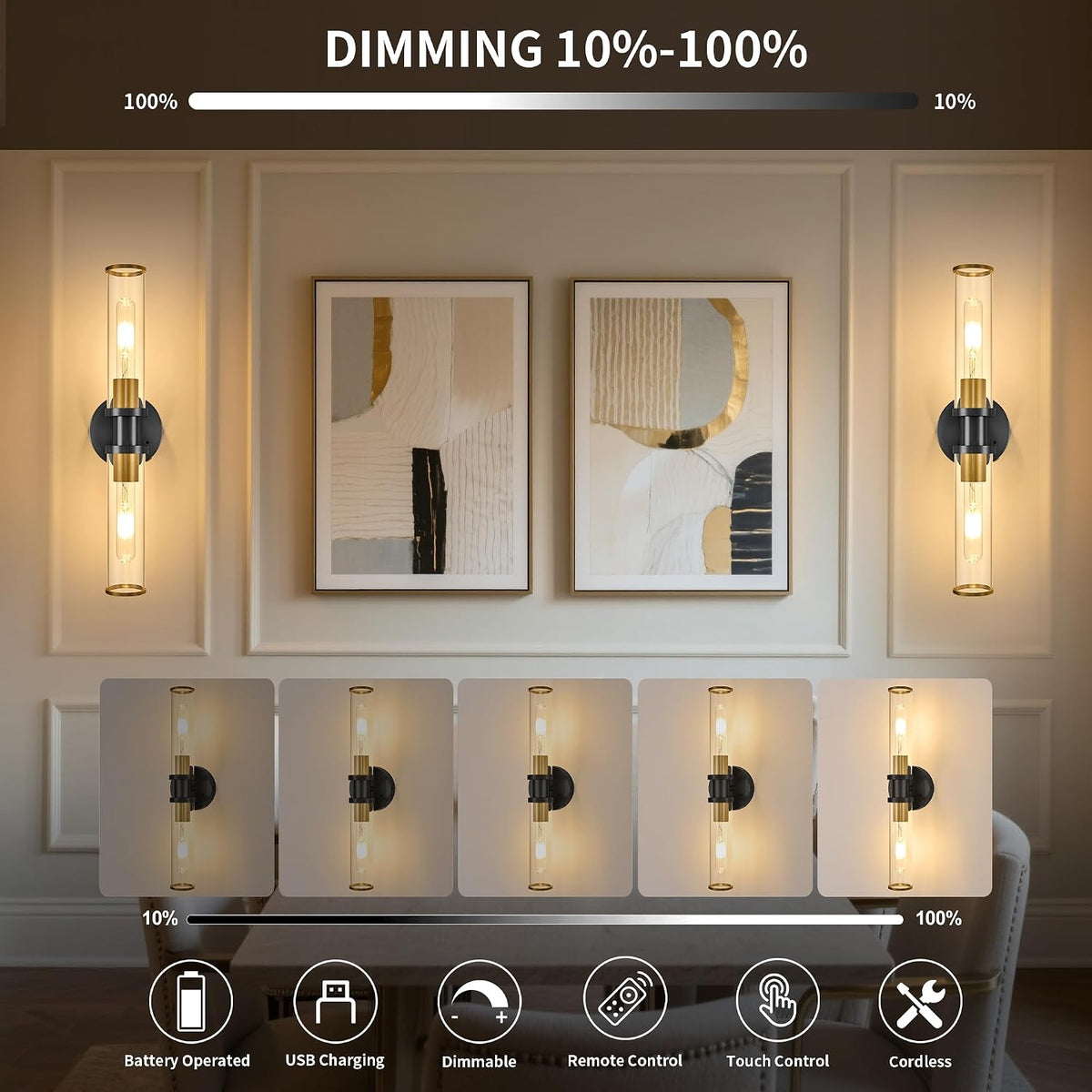 Rayogale Black & Gold Wireless Battery Operated Wall Sconces with Remote | Glass Rechargeable Wall Lights Set of 2 with