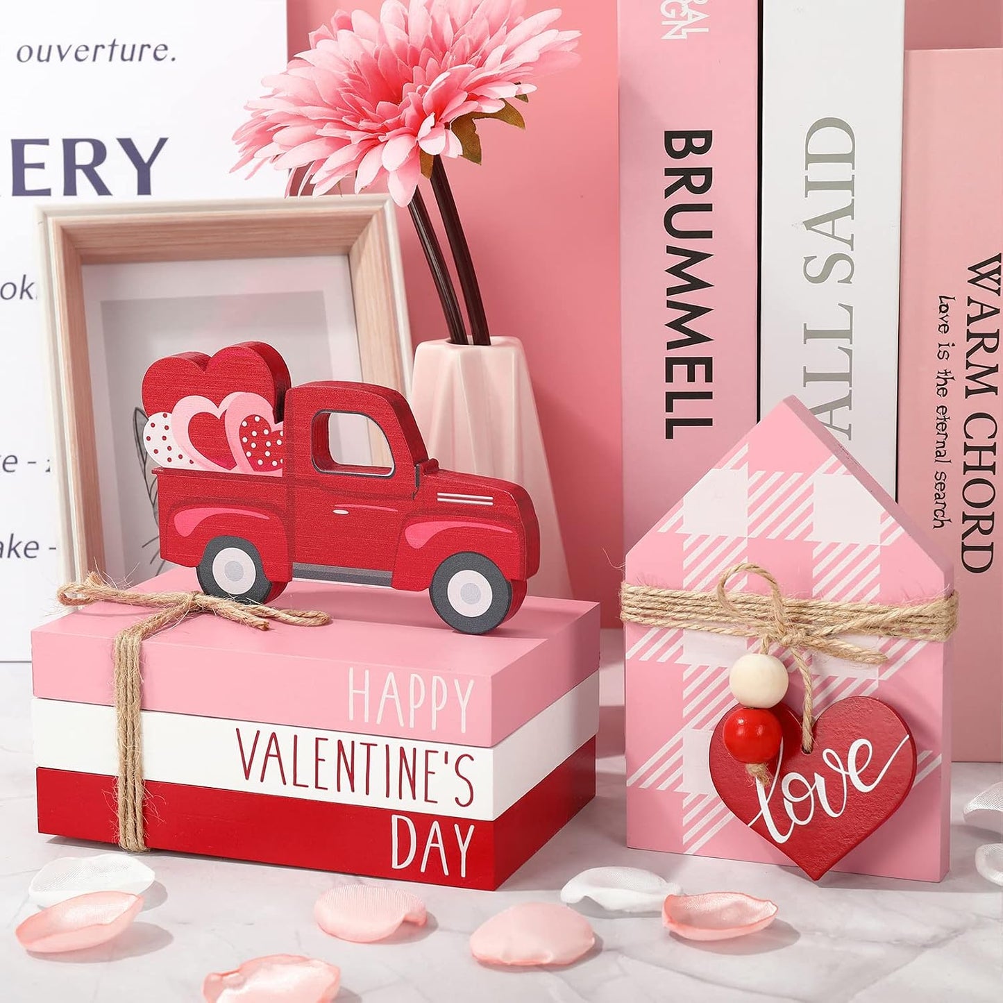 Valentine's Day Wooden Tiered Tray Decorative White Faux Stacked Books Wooden Block Sign / Pink
