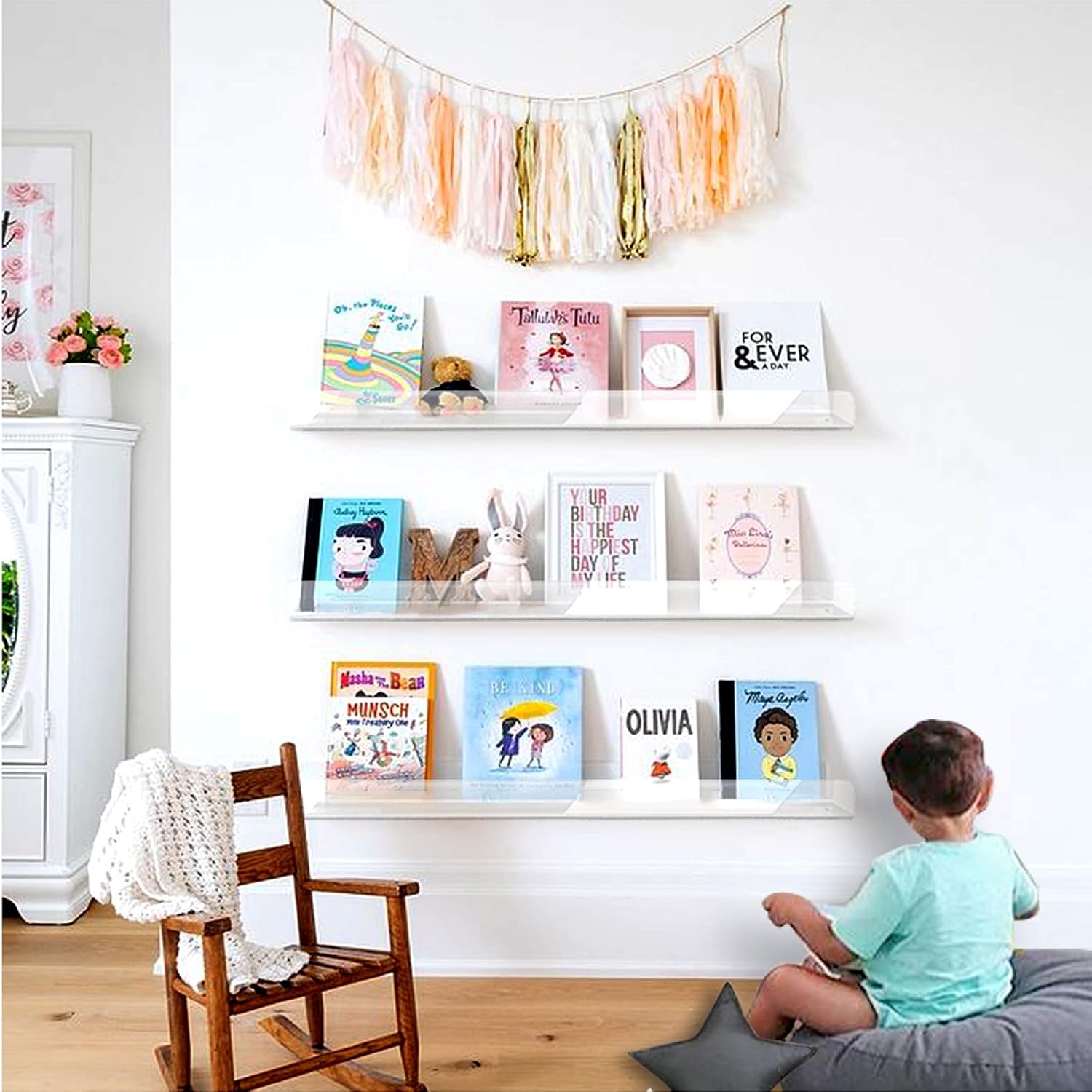 2 Packs 24 inches Clear Acrylic Shelves,Book Shelf for wall | Wall Mounted Display for Kids
