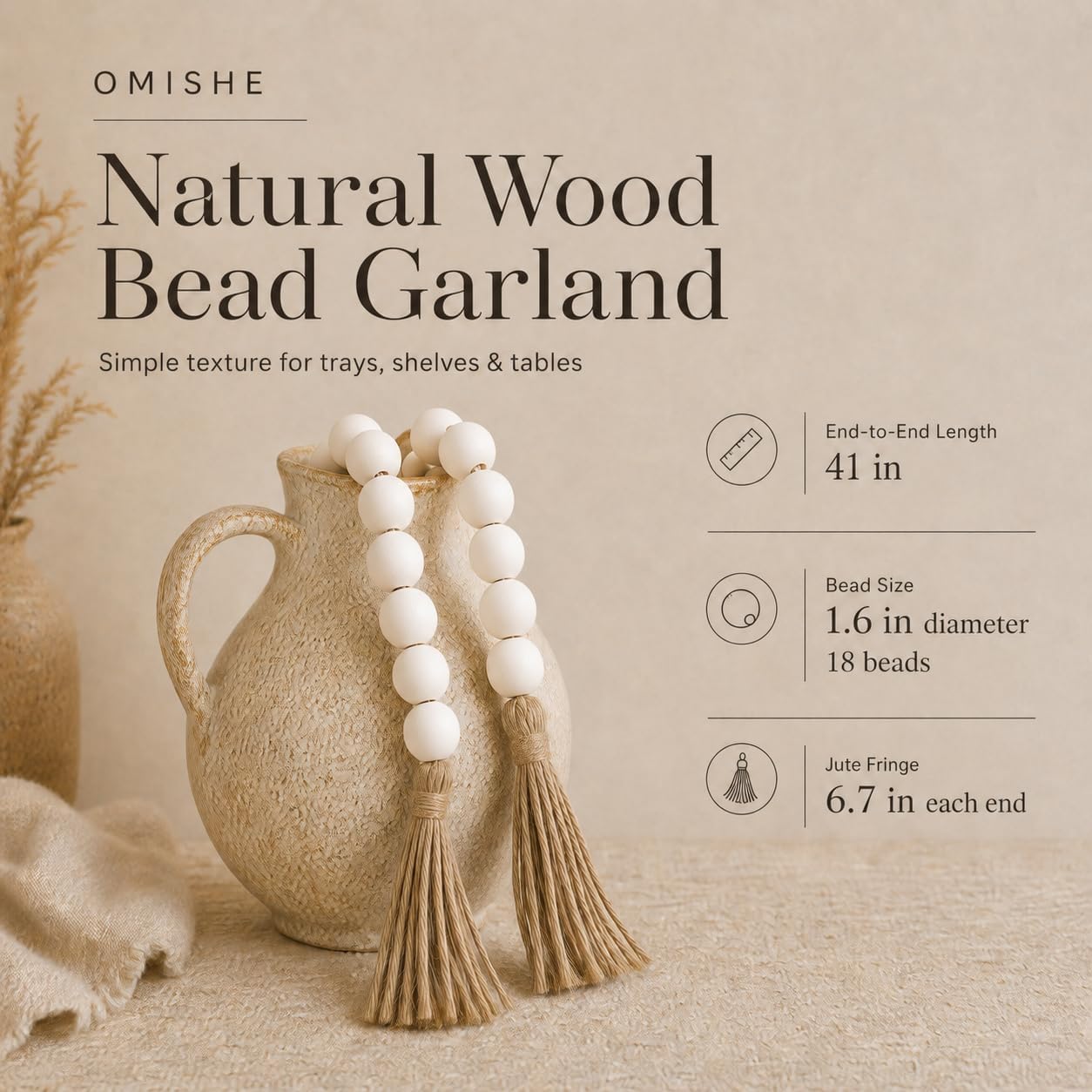 Extra Large Wood Bead Garland White / 4 White / 41 Inches