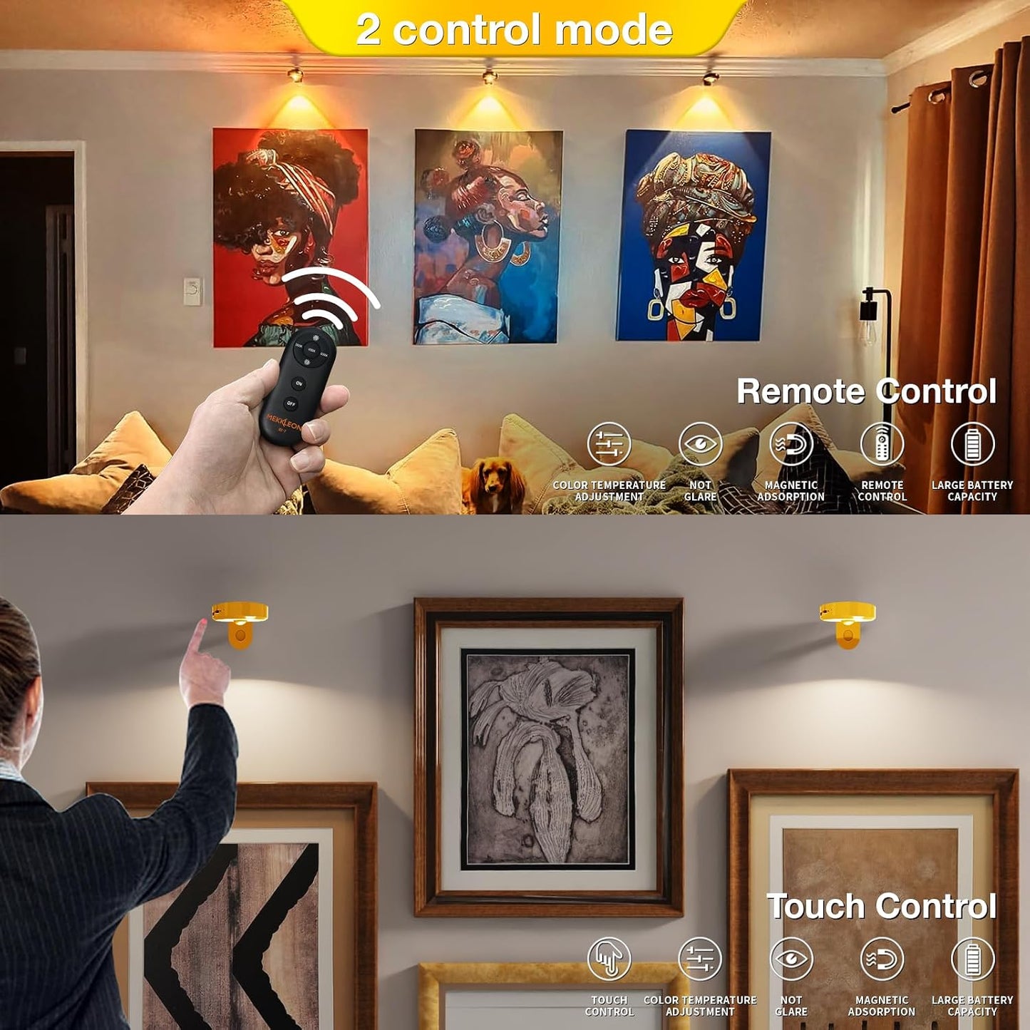 Picture Lights for Wall Wireless with Magnetic,2000mAh Rechargeable Picture Frame lights with Dimmable,Puck Lights with
