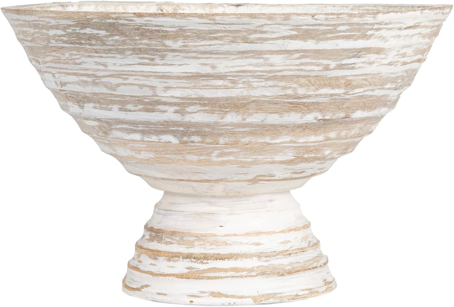 Boho Wood Pedestal Serving Bowl / 9-3/4" Round / White Wash