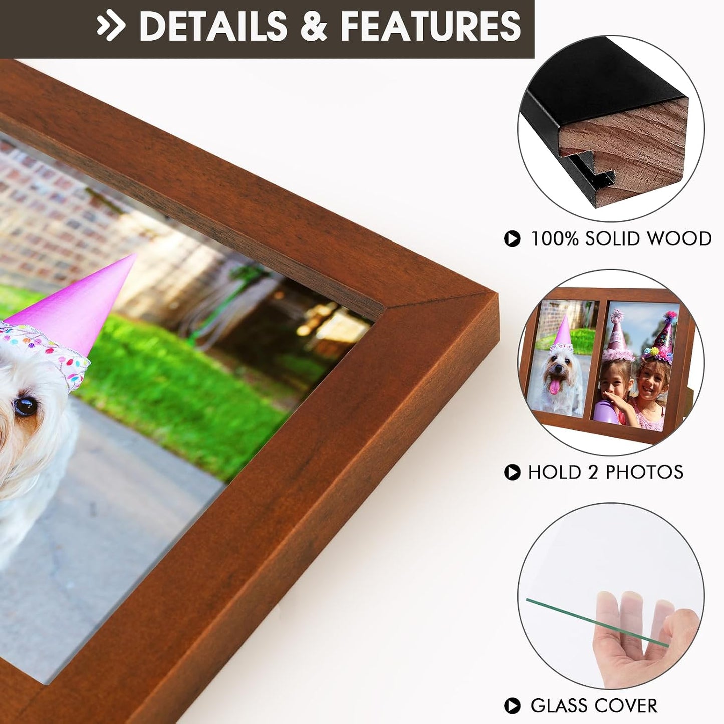 Golden State Art, 5x7 Double Picture Frame, Displays Two 5x7 Photos(Brown) | Solid Wood - Real Glass For Tabletop Or