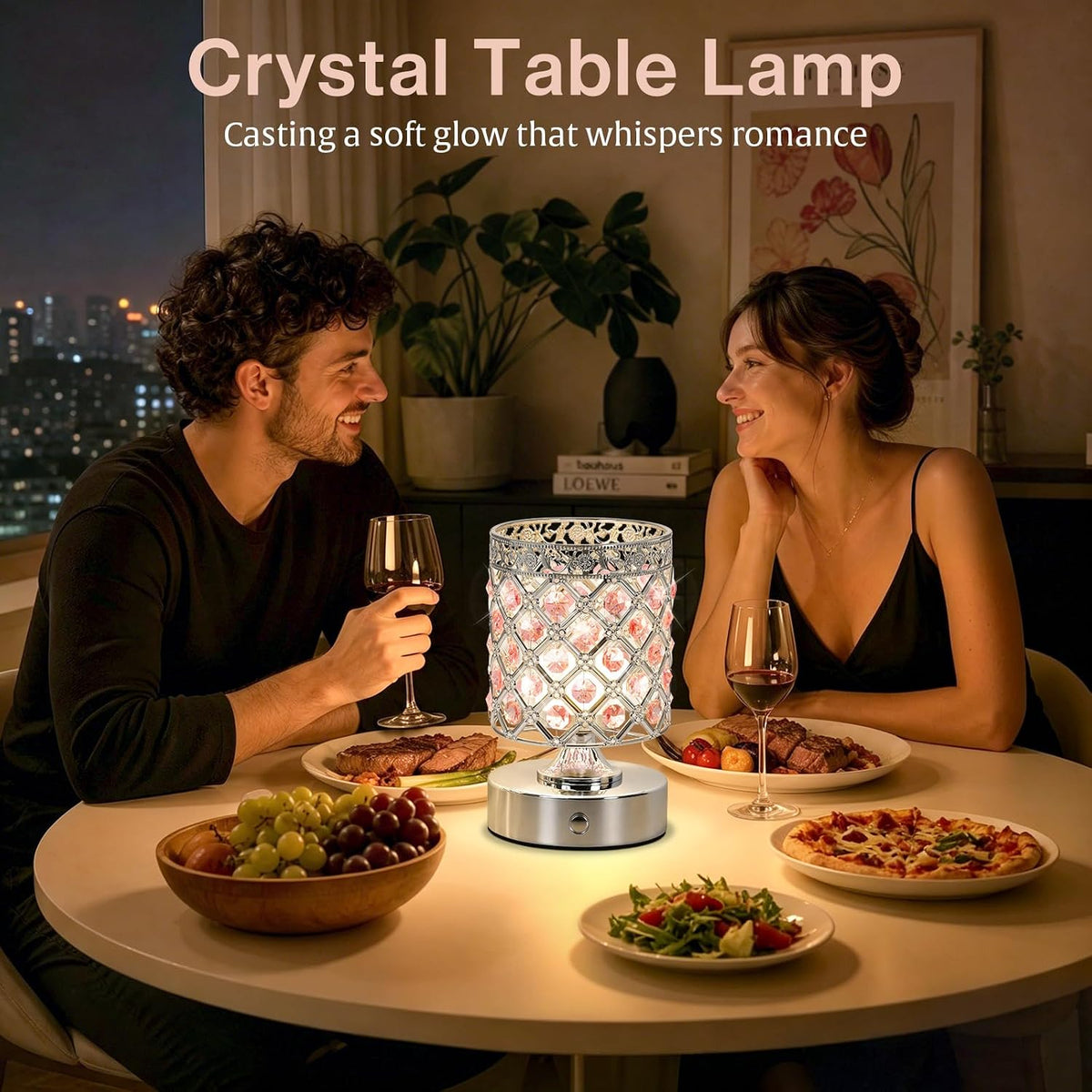 Pink Crystal Rechargeable Cordless Table Lamp, Touch Small Desk Lamp | 6000mAh Battery, 3 Color Temps, Stepless