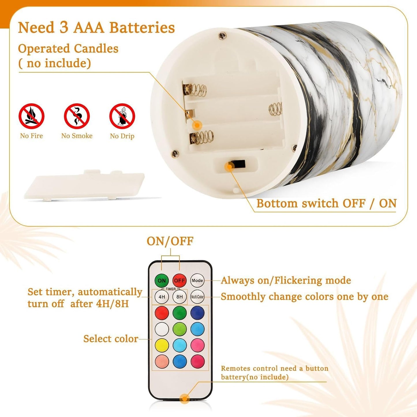 Flickering Flameless Candles, Golden White Black Marble LED Candles with Remote Timer, Set of 2 Battery Operated Candle